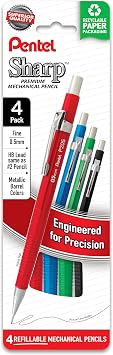 Pentel Sharp Metallic Mechanical Pencil, 0.5mm, Fine Line, Assorted Colored Barrels, Pack of 4 P205MPF4M