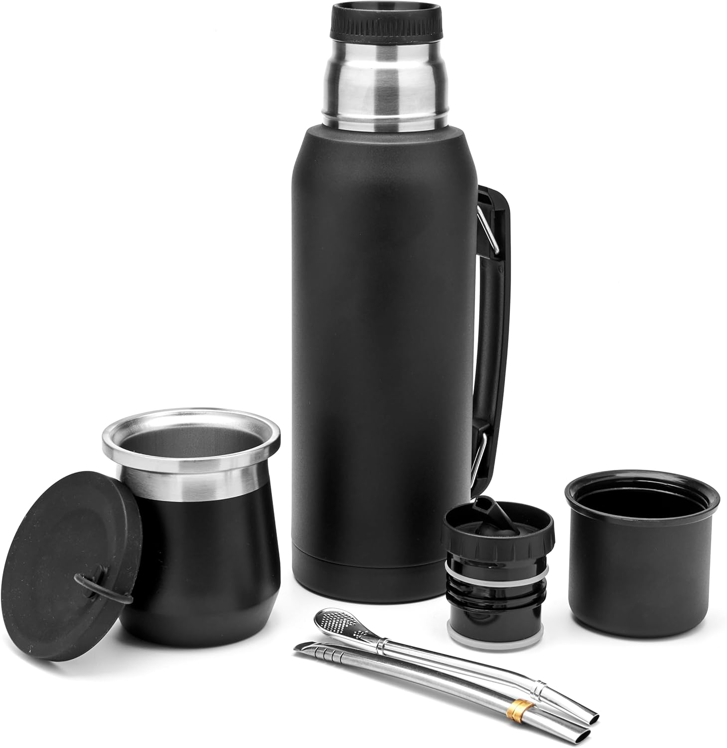 BALIBETOV Complete Yerba Mate Set – Modern Mate Gourd (9 fl oz), Thermal Flask with 2 Spouts (33.8 fl oz), 2 Bombilla Straws – Premium Quality Kit.Black