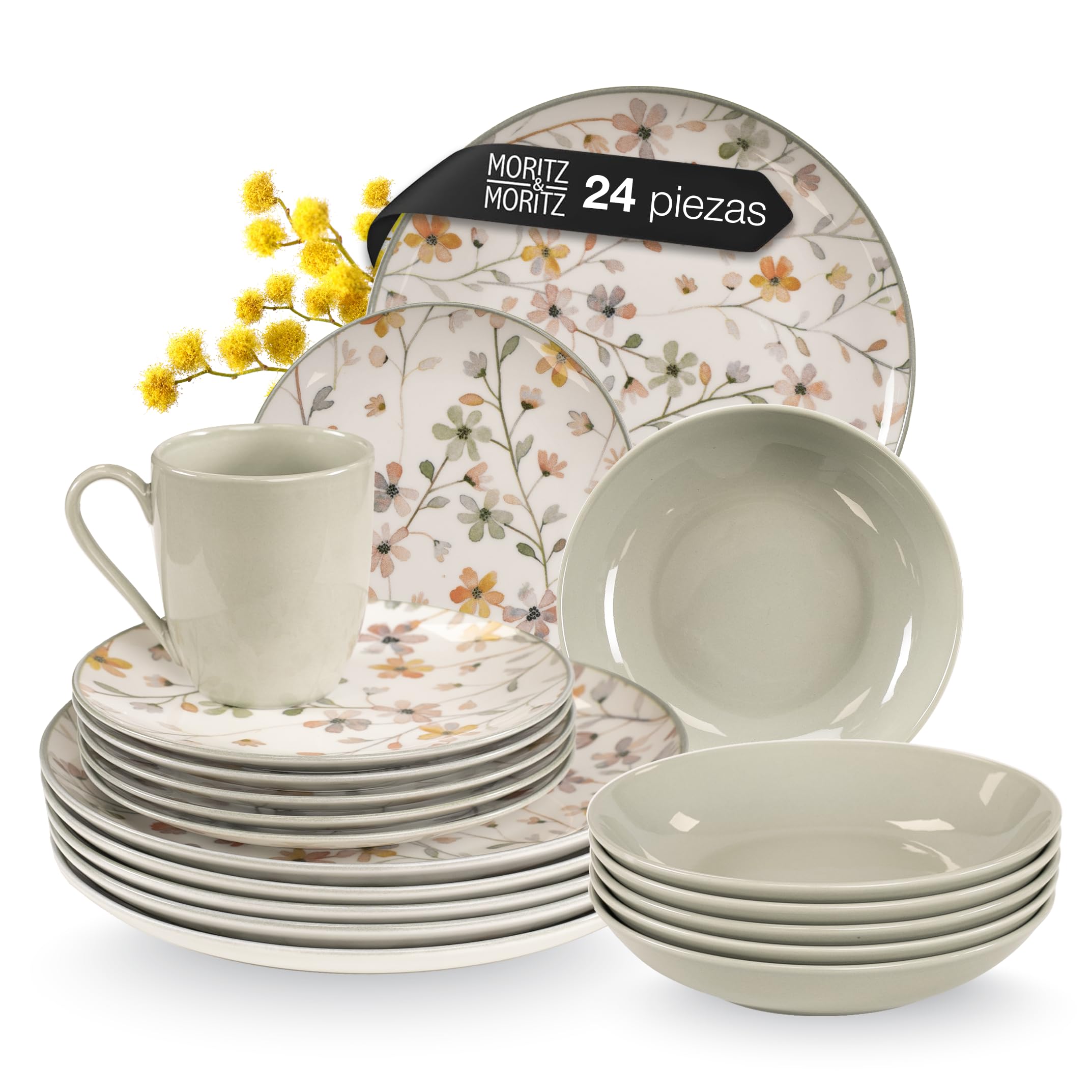 Moritz & Moritz Primavera Juego de vajilla de gres 6 personas 24 piezas - Moderno servicio de mesa con diseño juguetón, fácil de cuidar servicio de café con juego de platos, cuencos y tazas - Servicio