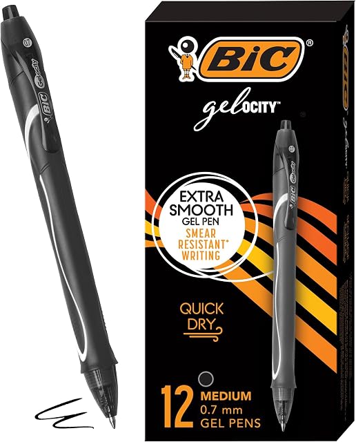 BIC Quick Dry Black Gel Pens Medium Point 0.7 mm 12-Count