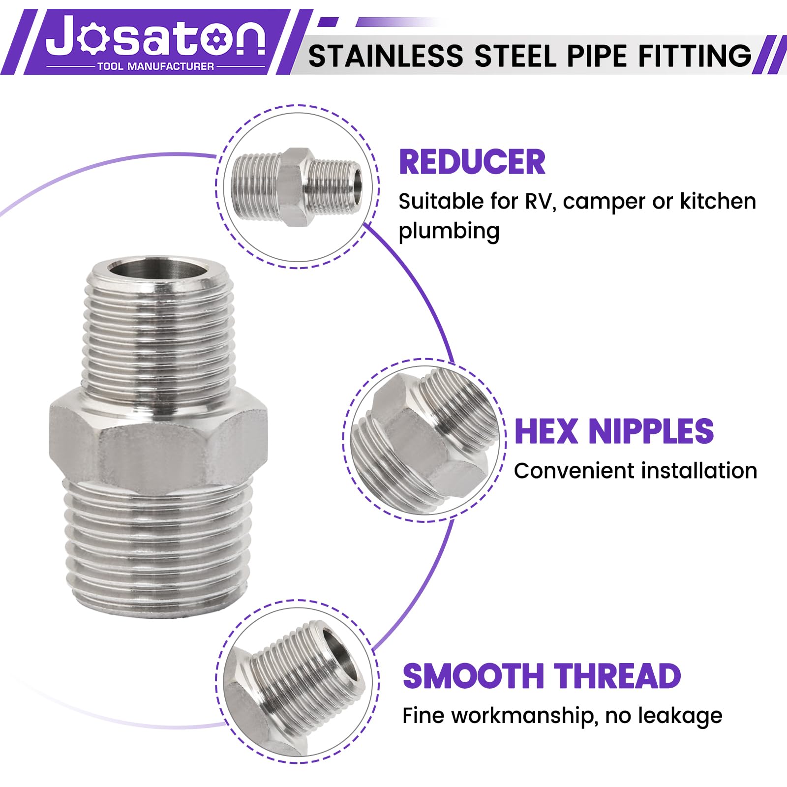 Boquilla hexagonal reductora NPT macho de 1/2 pulgada a macho NPT de 3/8 pulgadas, adaptador de acero inoxidable 304 de 1/2 a 3/8, reductor de 1/2 a 3/8, con cinta de sellado, juntas de goma,