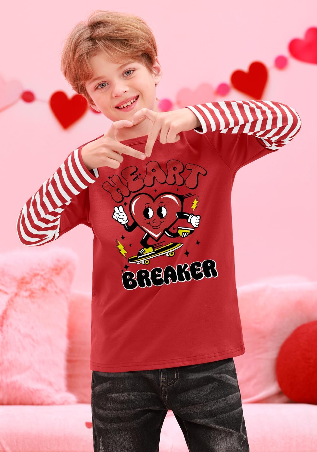 BesserBay Big Girls Valentines Day Red Stripe Patchwork Cute Shirt Long Sleeve Heart Breaker Crew Neck Sweatshirt 10 Years
