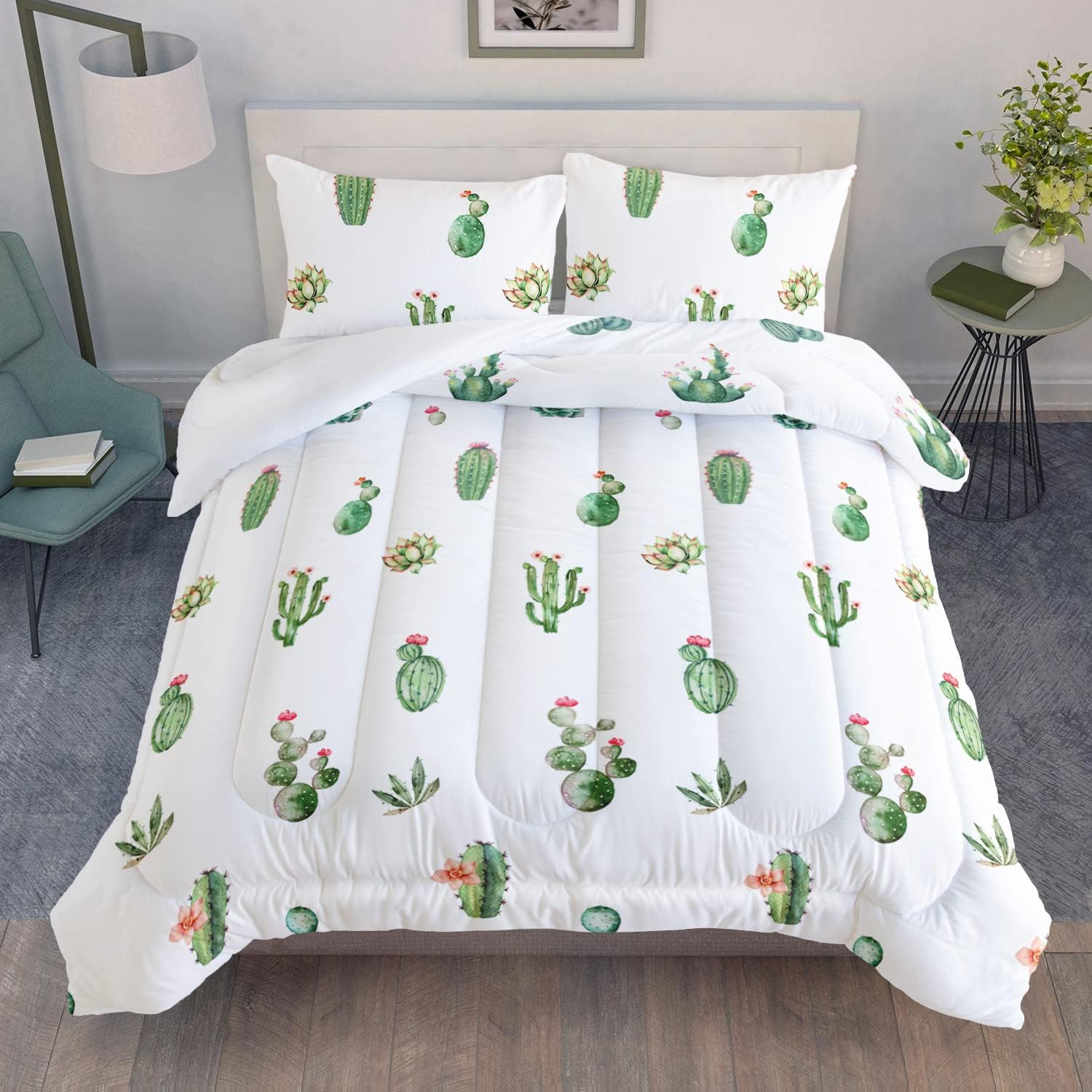 AILONEN Cactus Printed Comforter Set Full Size, Green Plants Succulents Theme Bedding Set for Girls Kids Bedroom Children Women,3 Pieces,1 Quilt and 2 Pillowcases,for All Seasons