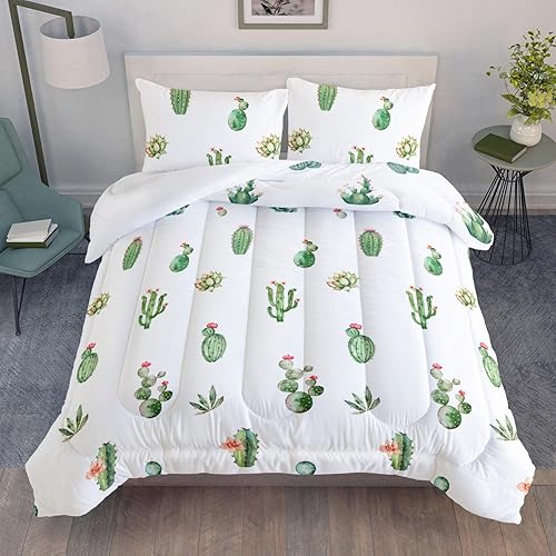 AILONEN Juego de edredón con estampado de cactus, tamaño Queen, juego de ropa de cama con temática de plantas verdes y suculentas para niñas, niños
