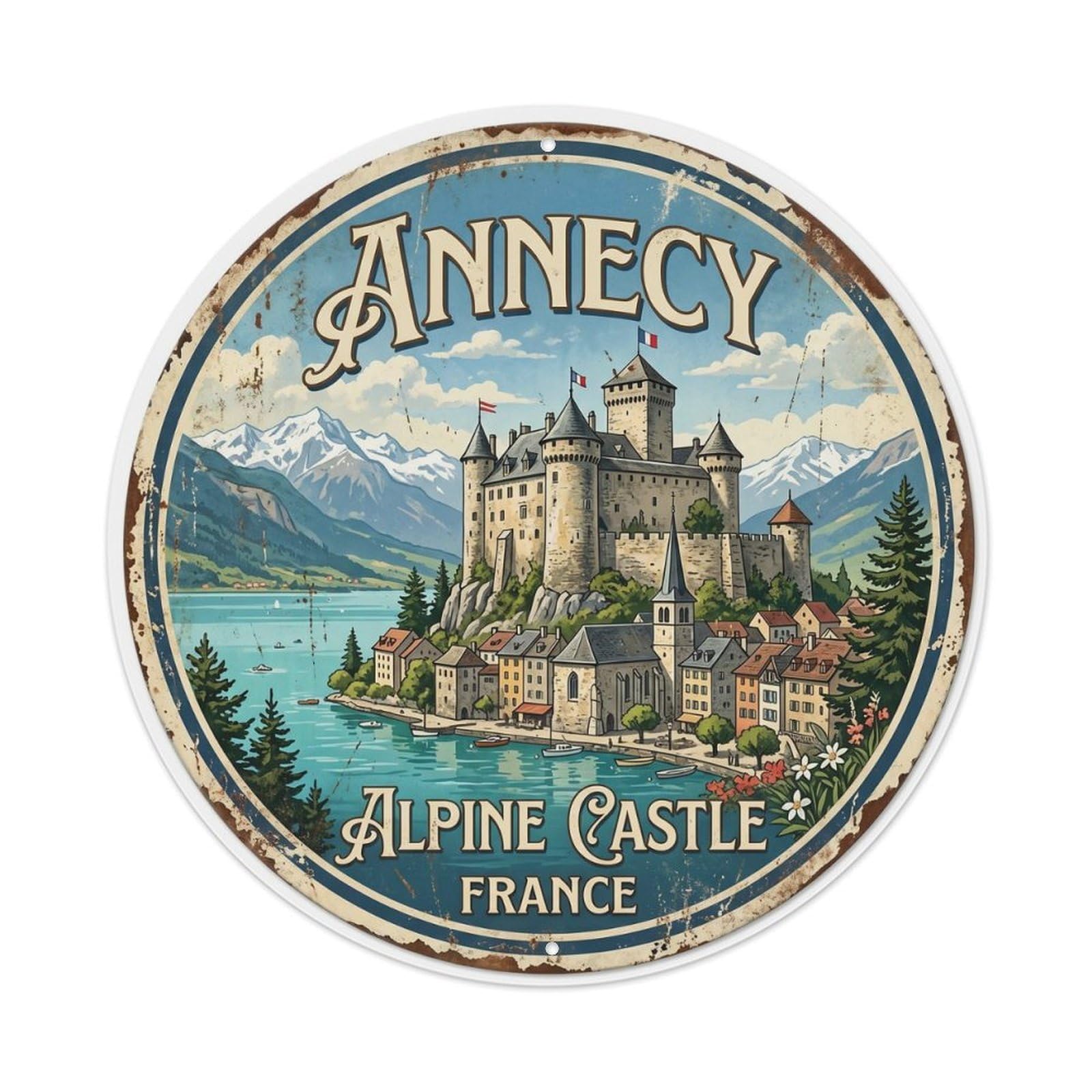 Vintage Travel Annecy Castle Medieval Metal Tin Sign Plaque Wall Decor for Cafe, Club Bar, Office, Home Garden Round Metal Poster 8x8Inch