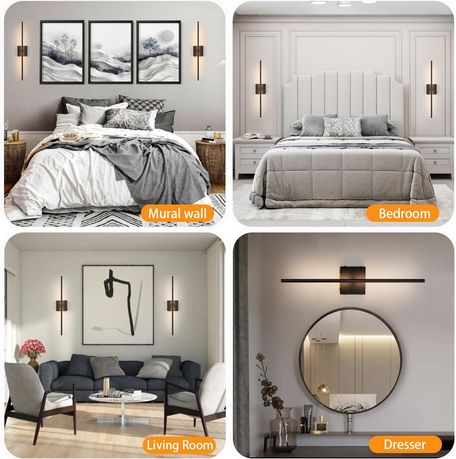 27.5 Inch Black Battery Operated Wall Sconces Set of 2, LED Dimmable with Romote Control, 3CCT, Rechargeable, 360° Rotate, Wireless Wall Light for Living Room Hallway Bedroom