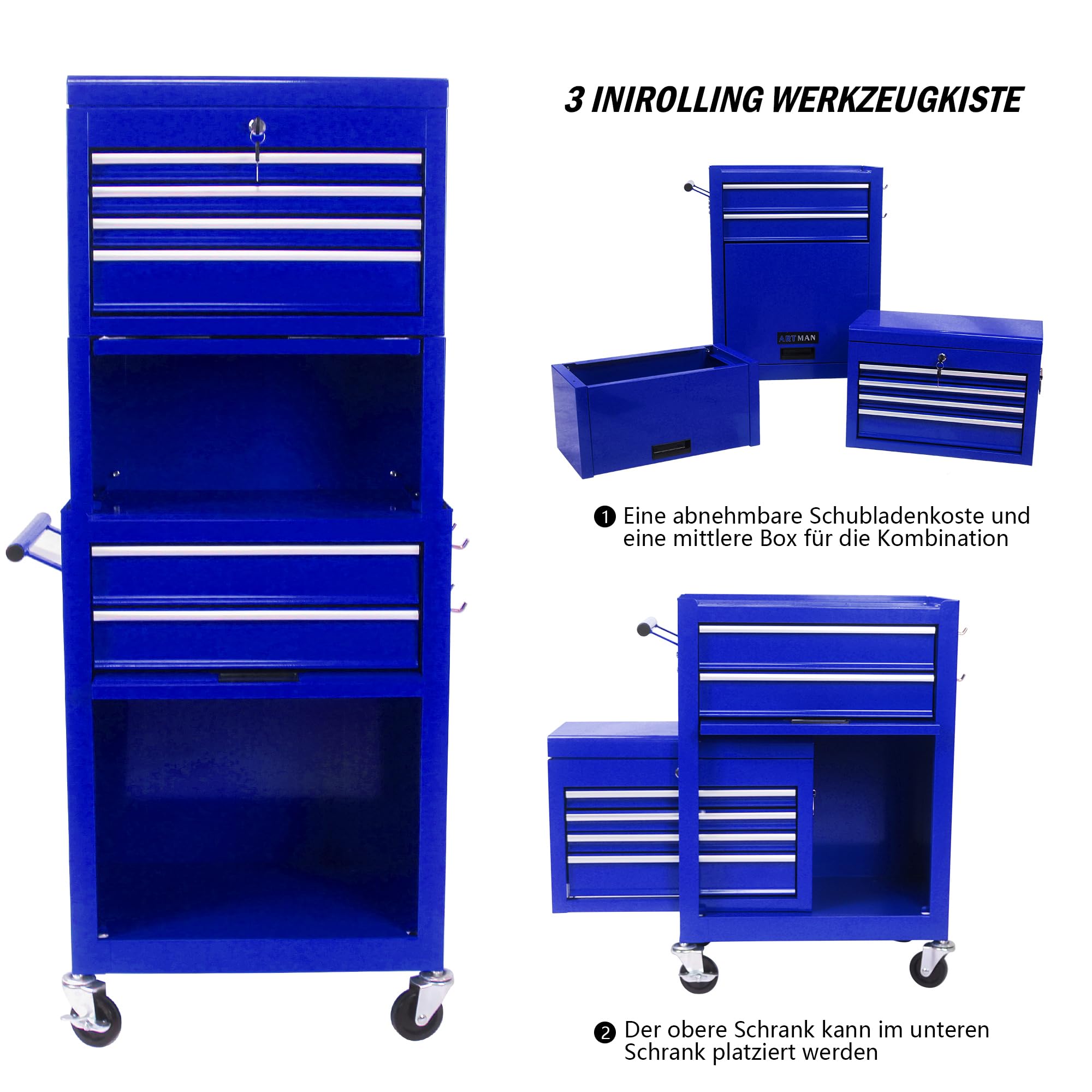 Generisch Carrello portautensili con 6 cassetti con contenitore arrotolabile bloccabile, 4 ruote universali (2 frenate) e pannello sospeso – organizzatore blu 2 in 1 per garage/officina