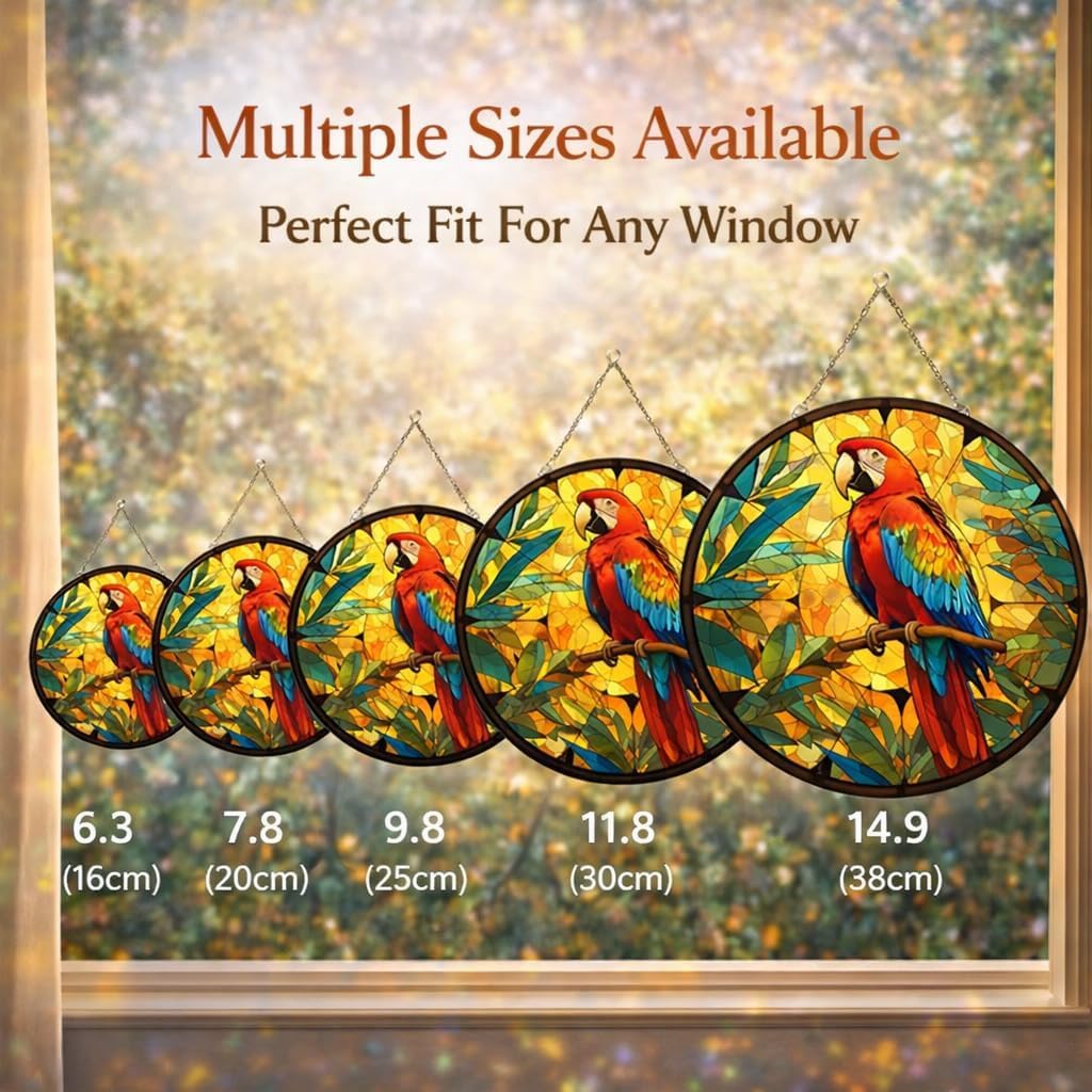 Parrot Stained Glass Suncatcher Window Hanging – Colorful Macaw Bird Stained Glass Sun Catcher with Chain, Rainbow Light Reflection Window Decor for Living Room Bedroom Garden Home (11.8x11.8 inch)