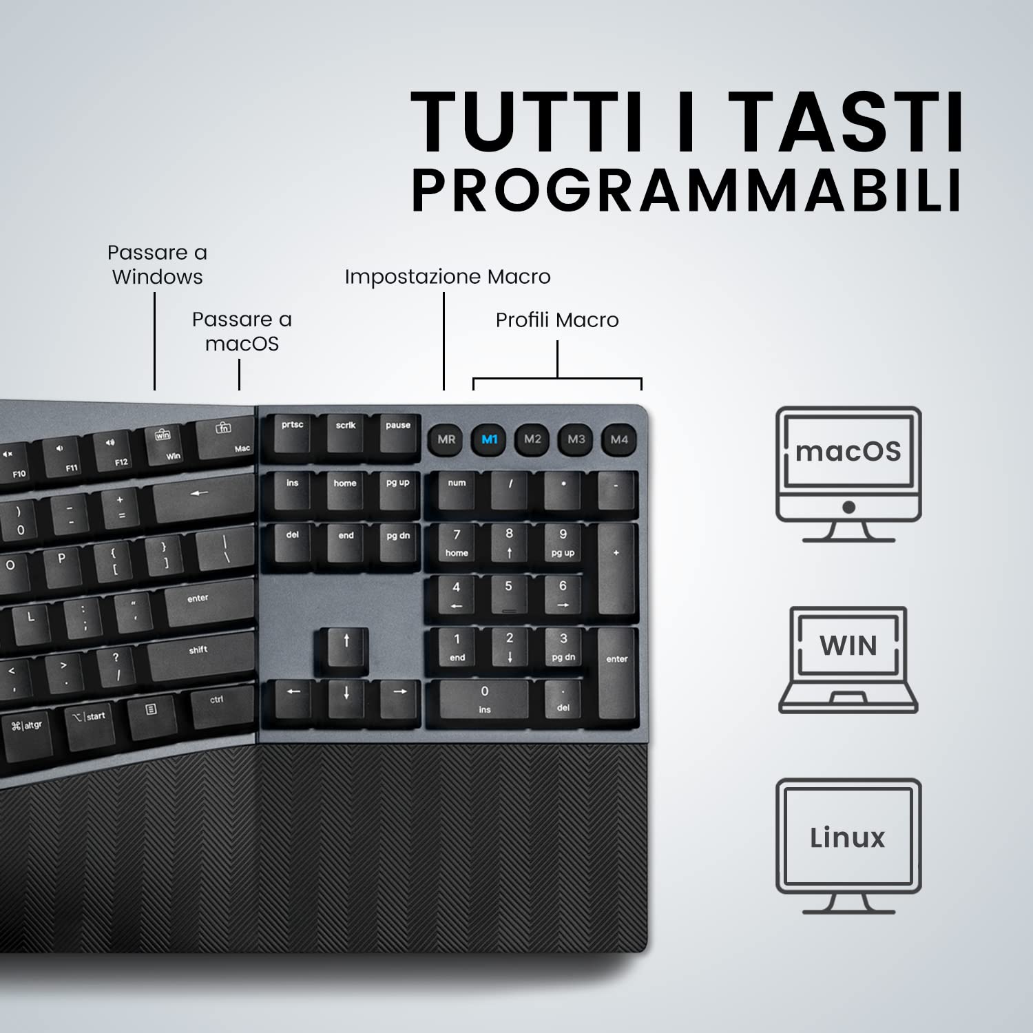 Perixx PERIBOARD-535 RD Tastiera Ergonomica Meccanica a filo - Tasti Lineari Rossi - Macro Programmabili - Compatibile con Windows e Mac OS X - Layout QWERTY Italiano
