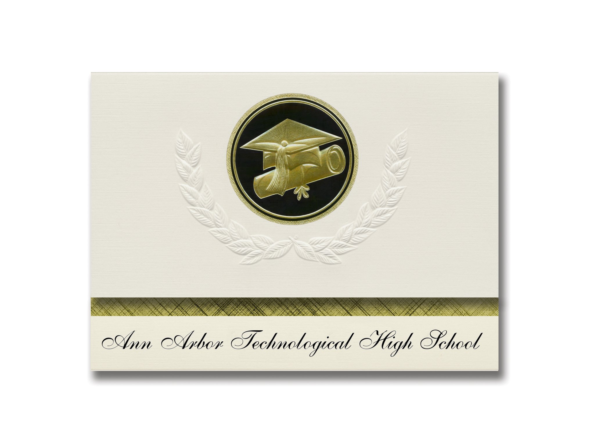 Signature Announcements Ann Arbor Technological High School (Ann Arbor, MI) Graduation Announcements, Presidential Elite Pack 25 Cap & Diploma Seal. Black & Gold.