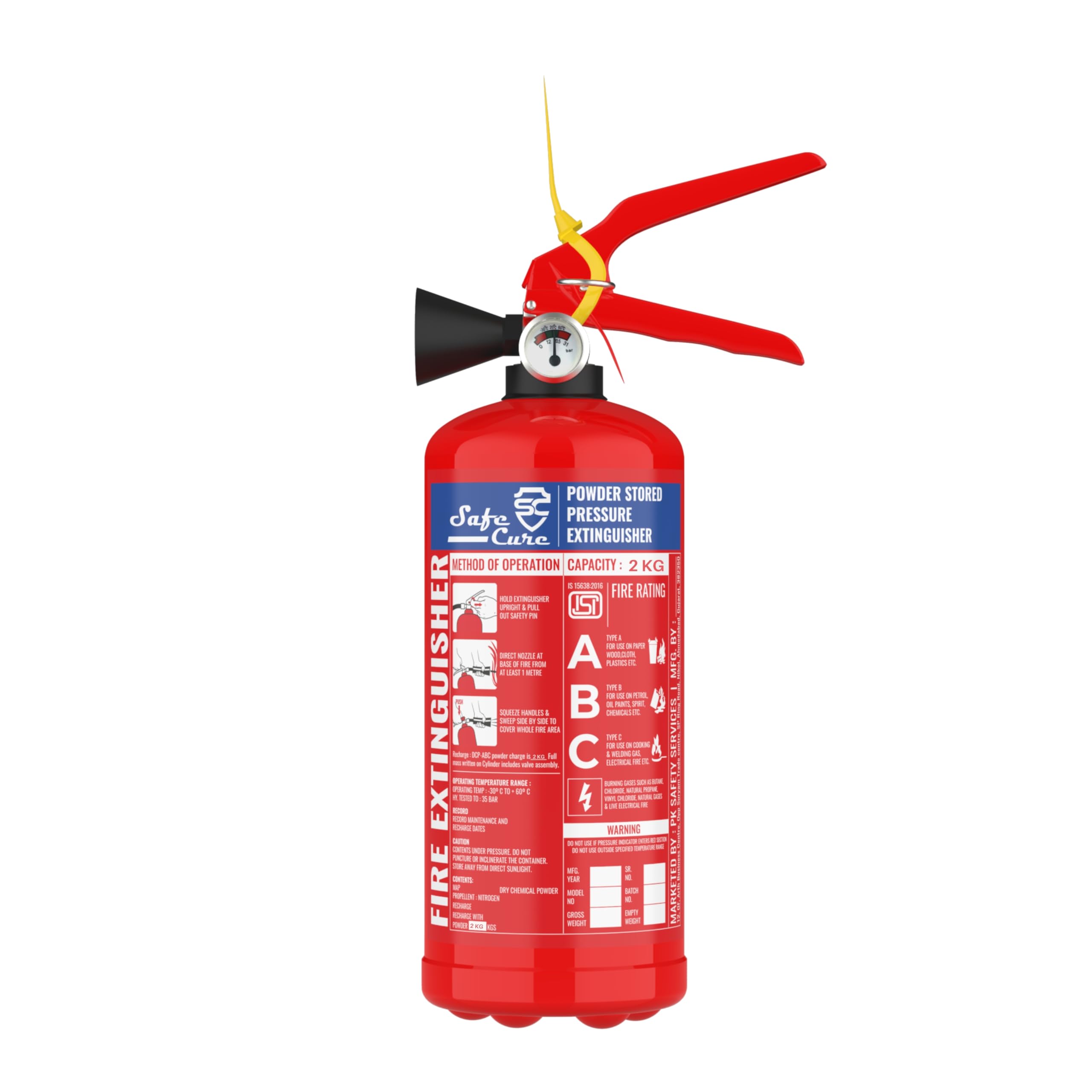 SAFE CURE ABC Type Fire Extinguisher – Multipurpose Fire Safety for Home, Office, and Vehicles | Effective Against Class A, B & C Fires | Compact & Durable Design (2, Kilograms)-image-36
