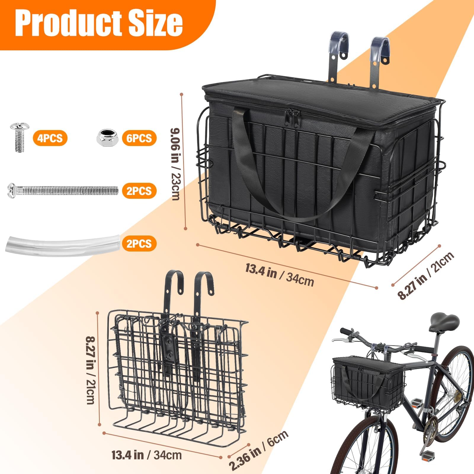 Panier de vélo pliable avec poche intérieure noire, panier de vélo imperméable pour l'avant et l'arrière, sacoche de vélo pour accessoires de VTT, pour animaux de compagnie, courses, navette