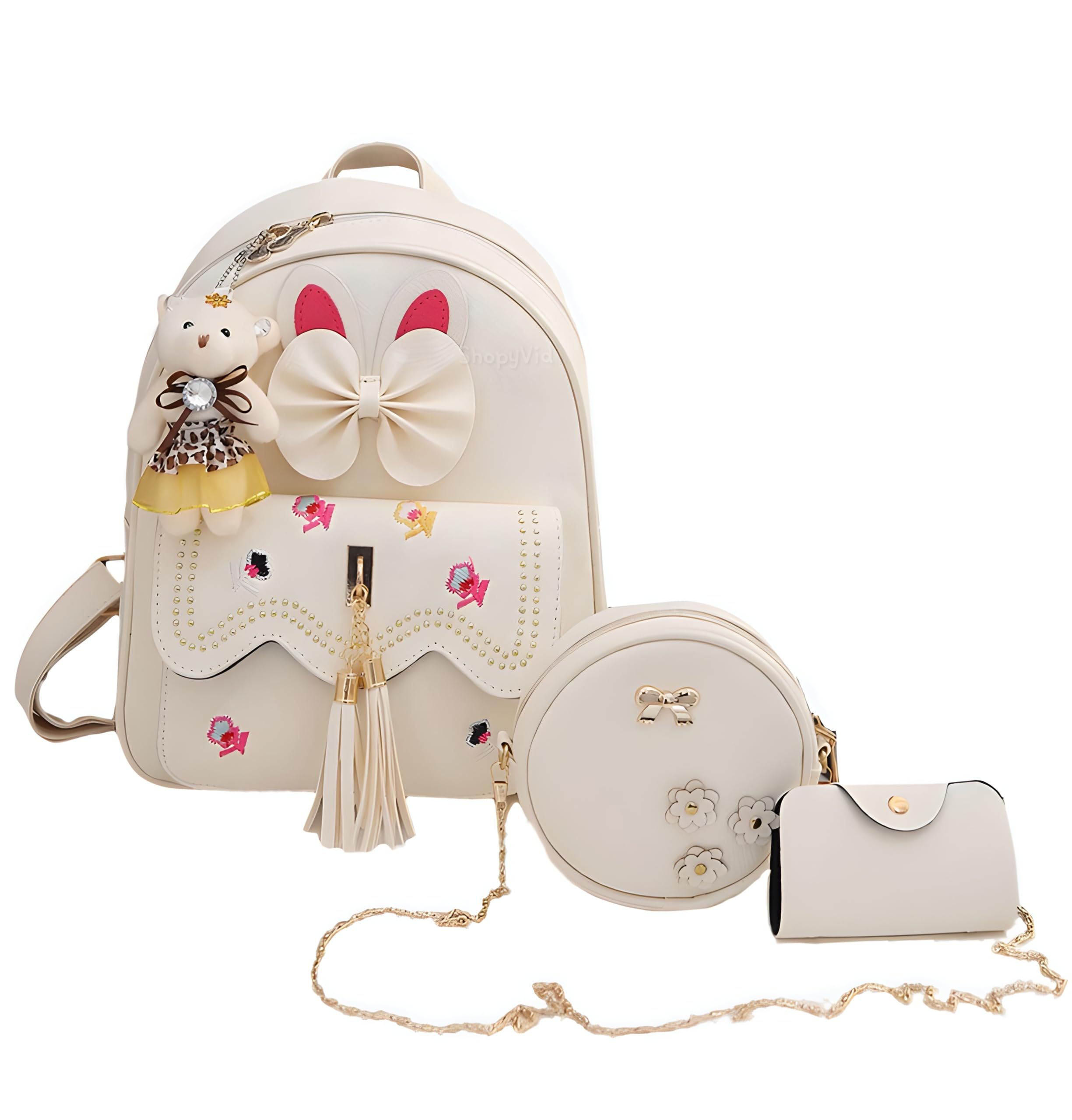ShopyVid Girl’s 3 Pc Mini Backpack/Rakhi gift for sister/Gift for girls Cream-09