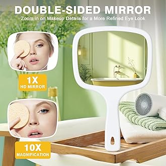 Auxmir Hand Mirror, Double-Sided 1X/10X Magnifying Mirror with Handle, Professional Salon Barber Hairdressing Handheld Mirror, White 18cm x 28.5cm (7.2" x 11.2")