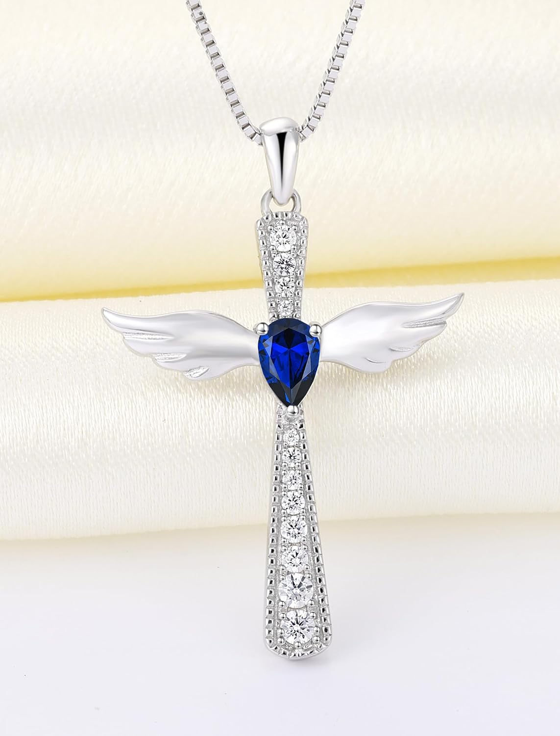 YL Cross Necklace 925 Sterling Silver Angel Wings Pendant Teardrop Birthstone Criss Jewelry for Women
