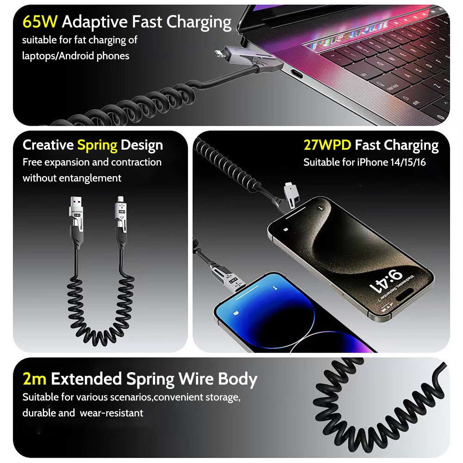 Chowany kabel do szybkiego ładowania 4 w 1, 65 W, 2 m, USB-C na L/USB-C/USB-A, kabel do wielu urządzeń iPhone 15/14/13, iPad, Samsung, MacBook, laptop, samochód, tablet (2)