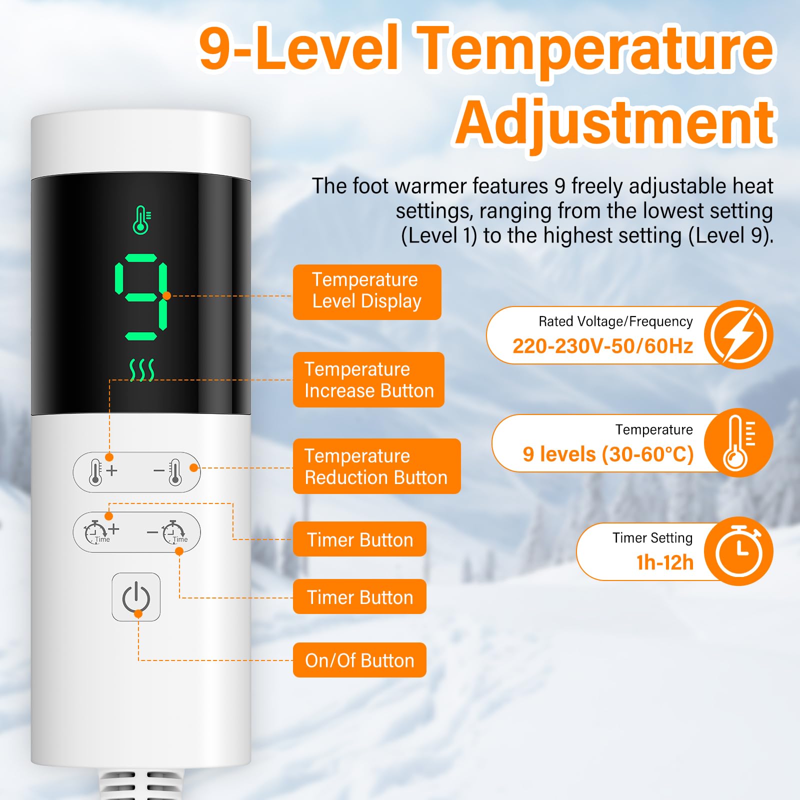 Chauffe-pieds, Chauffe Pied Électrique 30℃ à 60℃, Chausson Chauffant Electrique avec 9 niveaux de température & 12h Time, Lavable, Protection contre la surchauffe & Arrêt automatique