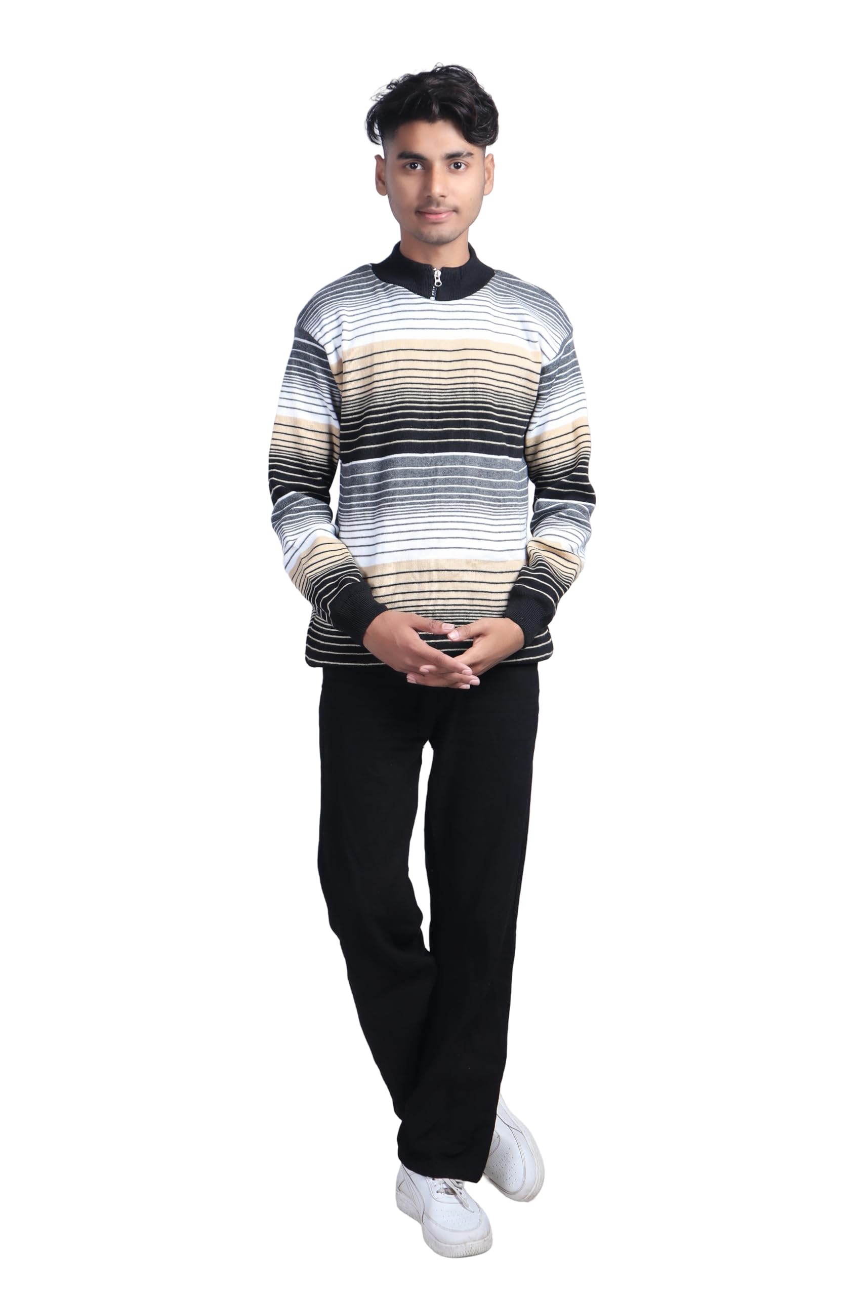 Men's Striped Quarter-Zip Sweater, Black and Beige Pattern, Long Sleeve Knit Pullover with Mock Neck-picture-27