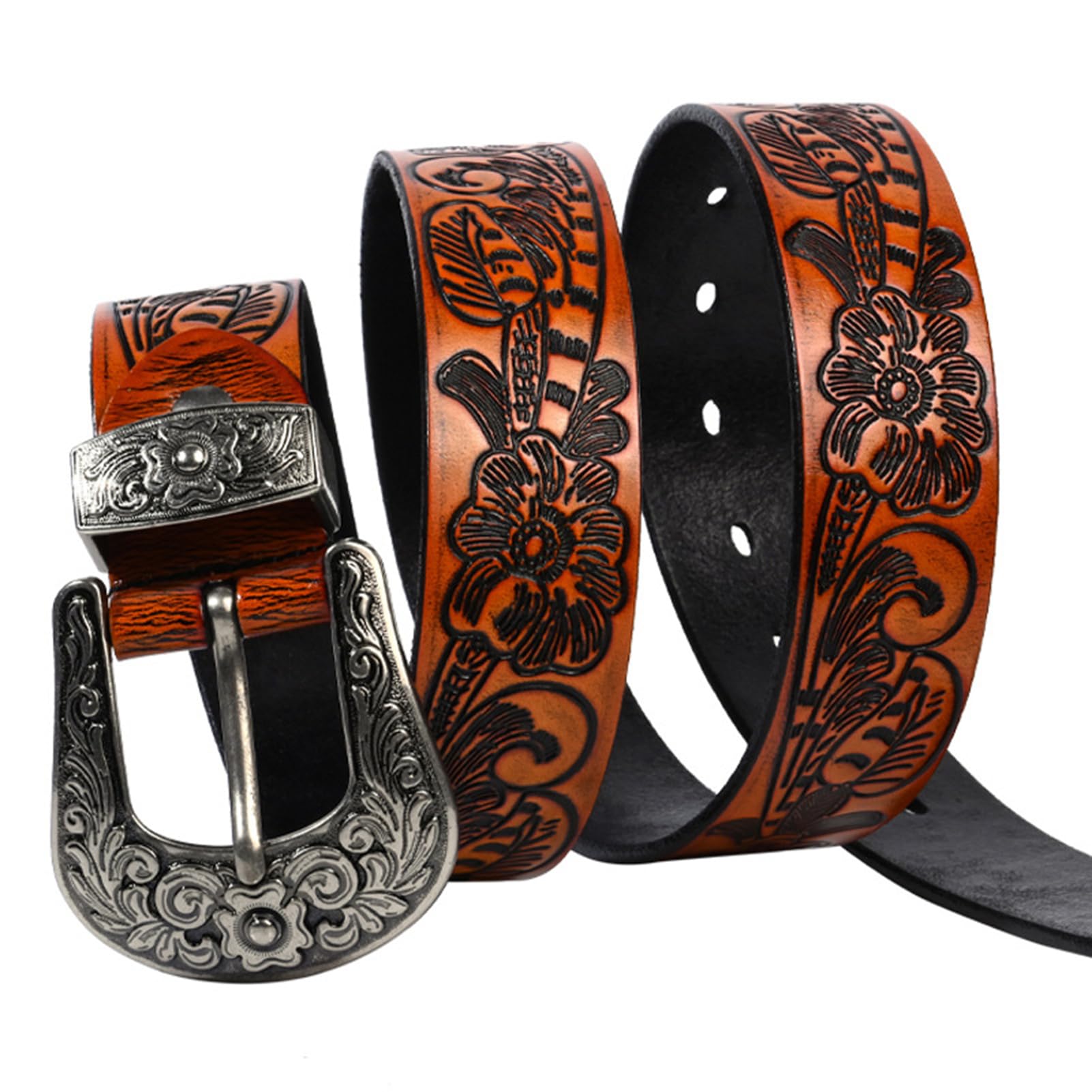 ALANIZ Cintura squisita, cintura in pelle goffrata vintage da uomo e da donna con fibbia in argento incisa floreale occidentale, cinturino da cowboy country