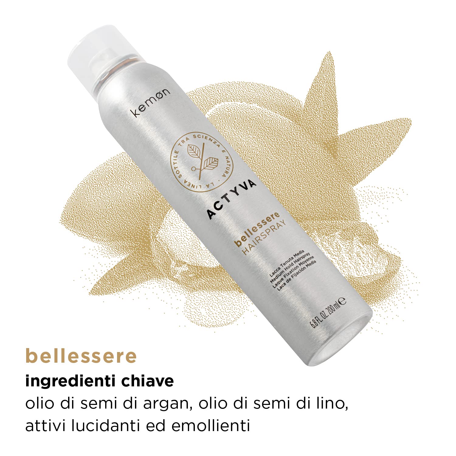 Kemon Actyva Bellessere Hairspray do włosów, szybkoschnący lakier do włosów z naturalnym efektem rozświetlającym - 200 ml