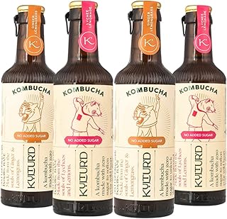 Kultur'd Kombucha - Lychee Lemonade, Ginger Lemongrass (No added sugar), Pack of 4 | Fermented, All natural, Gut Healthy Drink | 4 x 220ml | Vegan, Preservative free, Low calorie, Zero Sugar