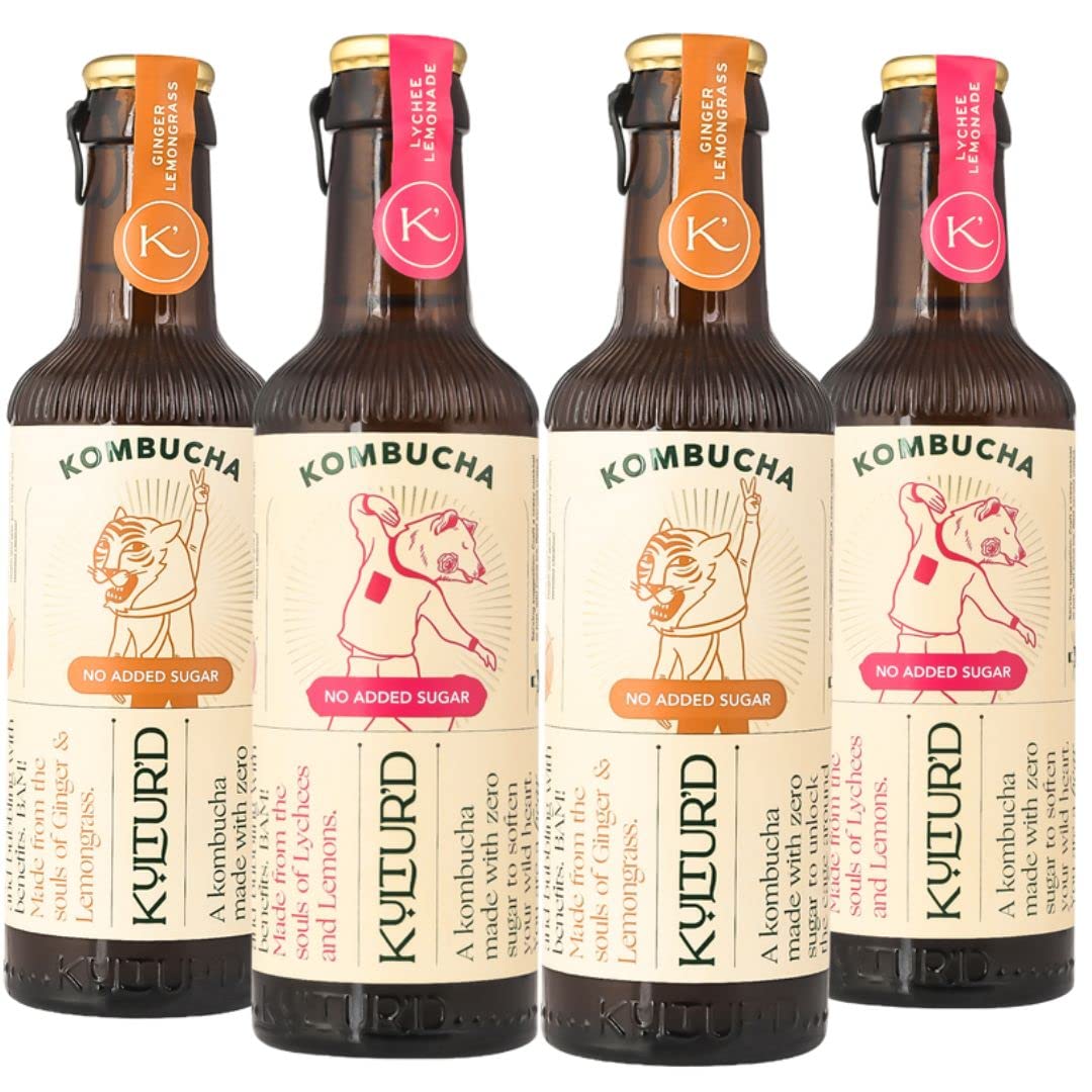 Sponsored Ad - Kombucha - Lychee Lemonade, Ginger Lemongrass (No added sugar), Pack of 4 | Fermented, All natural, Gut Healthy Drink | 4 x 220ml | Vegan, Preservative free, Low calorie, Zero Sugar