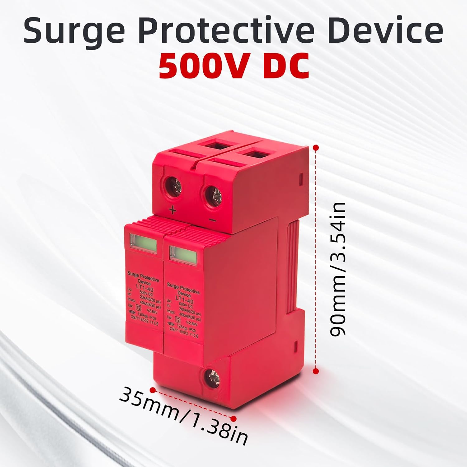 2 Pcs SPD Surge Protector, 2P 40KA DC Arrester with Visual Window and Rail Installation, for Home Solar System and Photovoltaic Panel 500VDC and 1000VDC (500VDC)