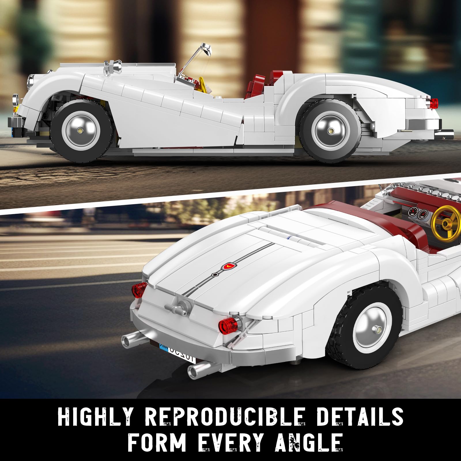 Mould King 10236 MOC Technik Vintage Kabriolet Sportwagen Modell Klemmbausteine Bausatz Set, MOC Oldtimer Auto Modell Klemmbausteine Set für Jugendliche/Erwachsene Sammler (1302+ Stücke)