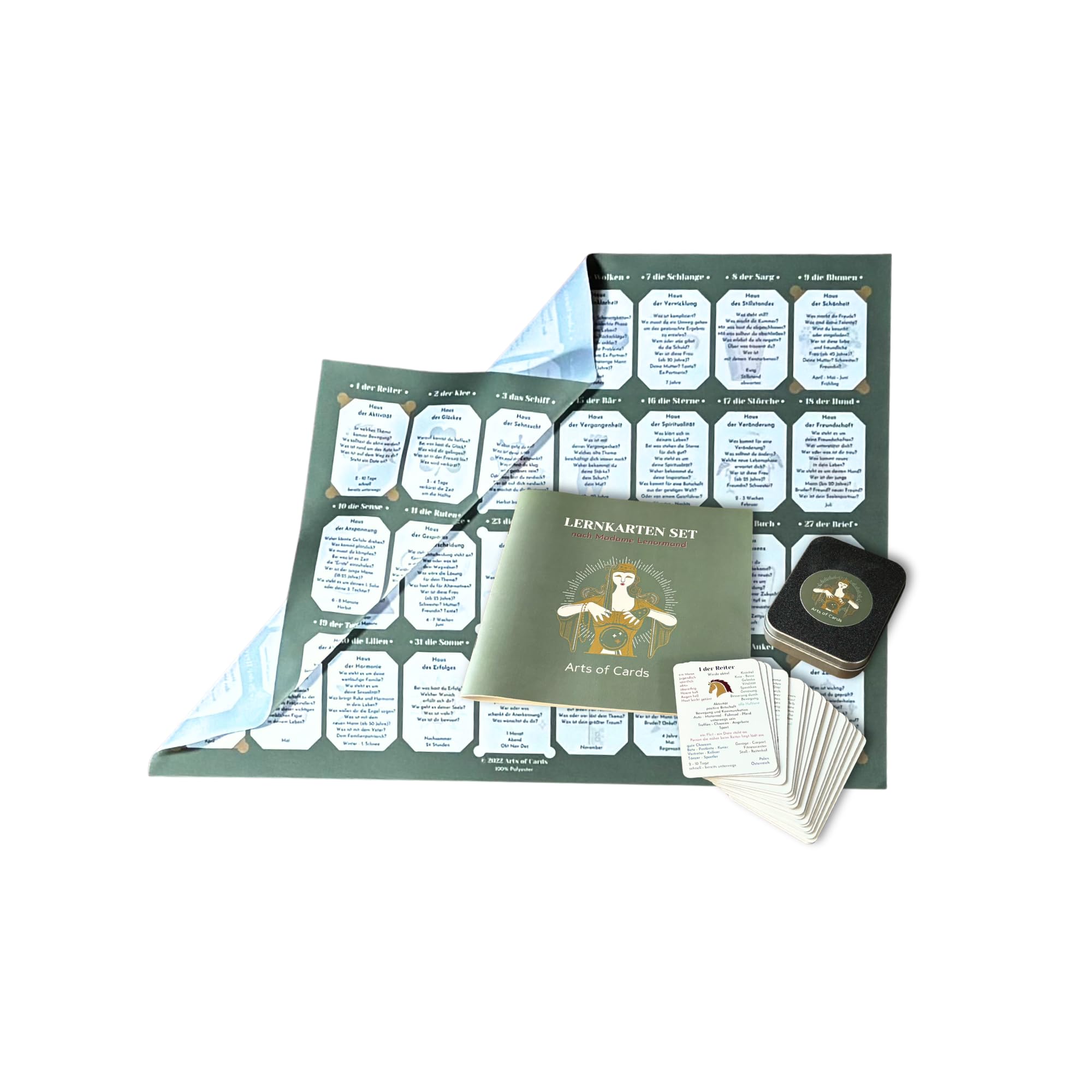 Lenormand Lernkartenset 9x4 für Anfänger und Fortgeschrittene | Grand Tableau Lenormanddeck, Legeschablone als Tuch, Booklet, Kartenlegen lernen