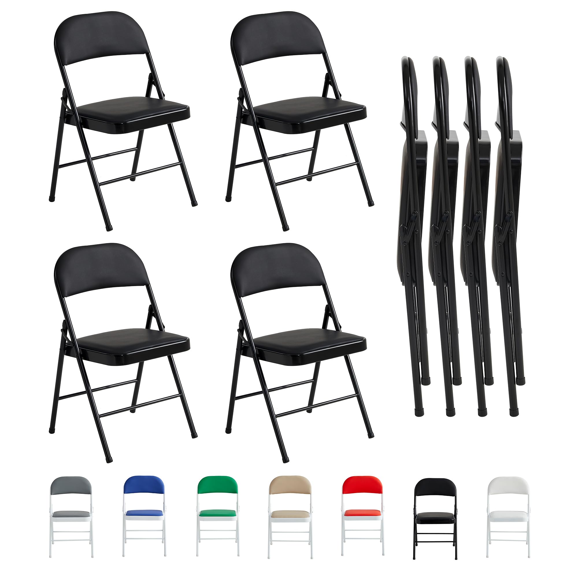 mcc direct Folding Chairs, Faux Leather Foldable Chairs with Metal Frame and Padded Seat, Easy to Fold and Store for Home, Office, Dining and Reception (4, Black)