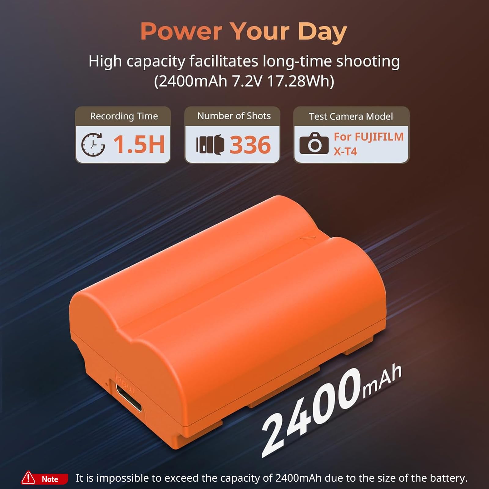 SMALLRIG Battery 2400mAh USB-C Kamera-Akku für Fujifilm NP-W235 X-T5, X-T4, GFX100S, 2,5H voll aufgeladener Kamera-Akku für Fujifilm X-T5, X-T4, X-H2S, X-H2, GFX50S II, VG-XT4, X-S20, Orange – 4970