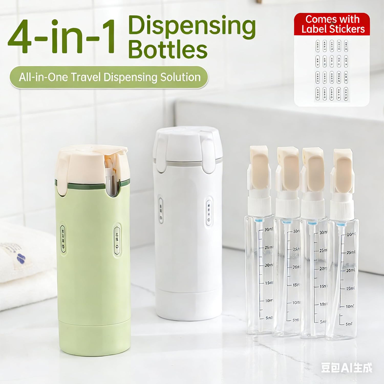 Travel Dispenser, 4 in 1, 30ML Leak Proof Bottles for Toiletries, Portable Containers for Shampoo, Lotion, Conditioner, Cream, White and Green, 4 Pack