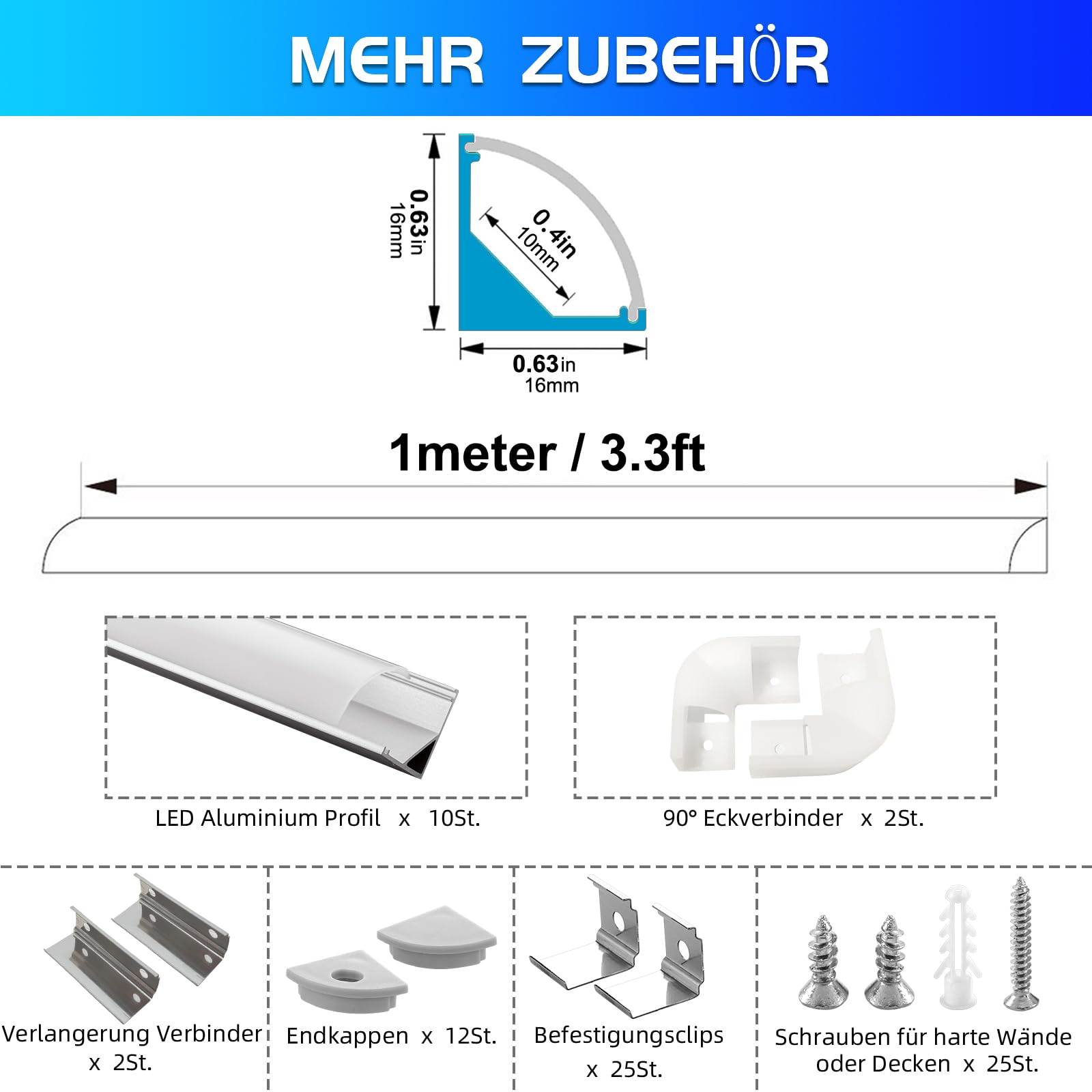 Efishine Pack de 10 Perfiles LED de Aluminio de 10 x 1 m, Perfiles de Aluminio en Forma de V con Cubierta Láctea, Tapas Finales y Soporte de Montaje para Tiras, Muy Fácil Instalación