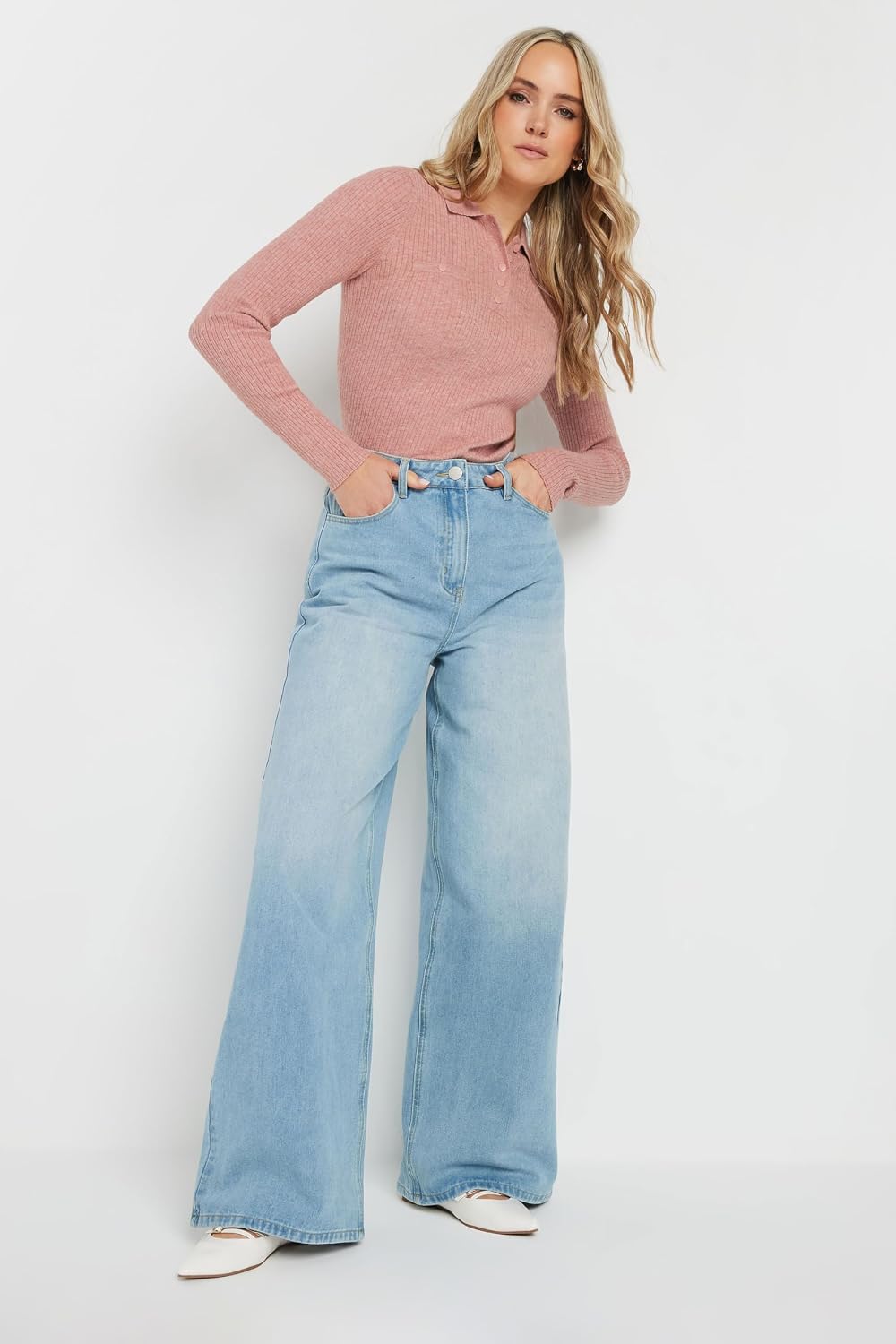 Long Tall Sally LTS Tall Marl Knitted Polo Top Pink