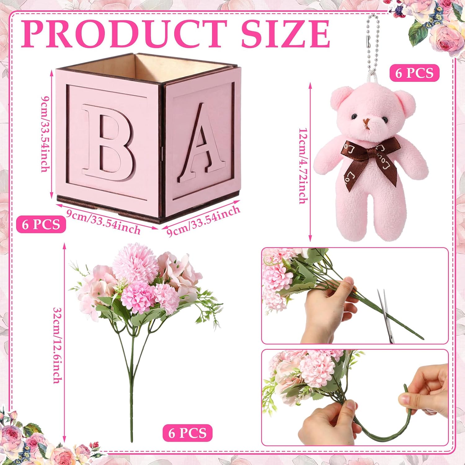 Novabright 6 Set We Can Bearly Wait Baby Shower Decorations Pink Baby Shower Table Centerpieces 4.72 Inch Wooden Boxes with Letters, Bears Stuffed Animal, Floral for Gender Reveal Party Decorations