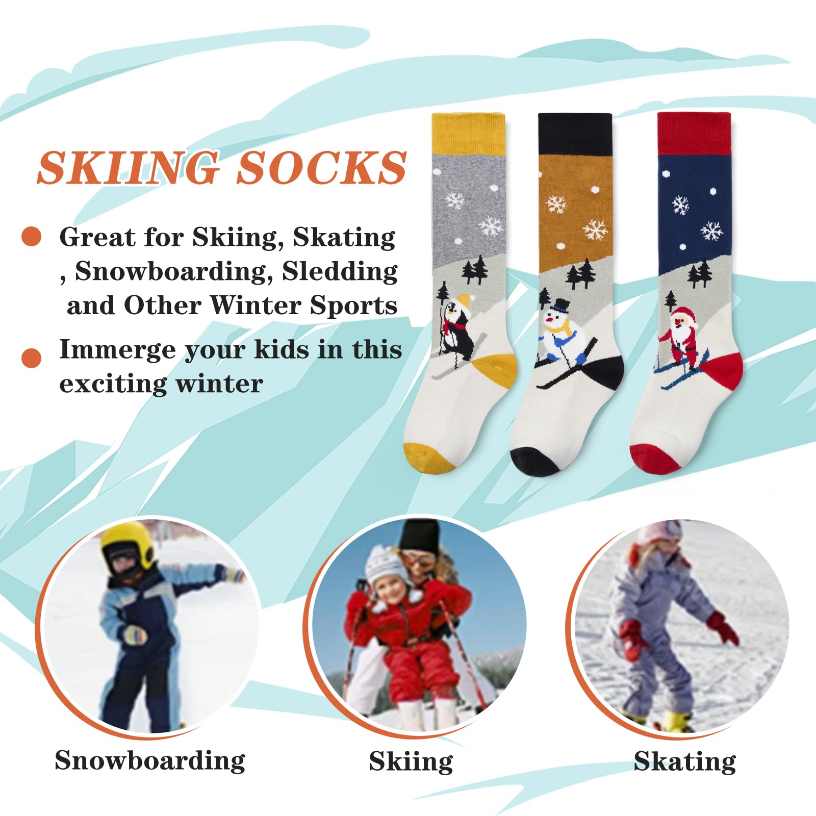 Lot de 3 paires de chaussettes de ski chaudes unisexes pour enfant garçon Chaussettes de ski épaisses pour fille Chaussettes thermiques pour ski et snowboard