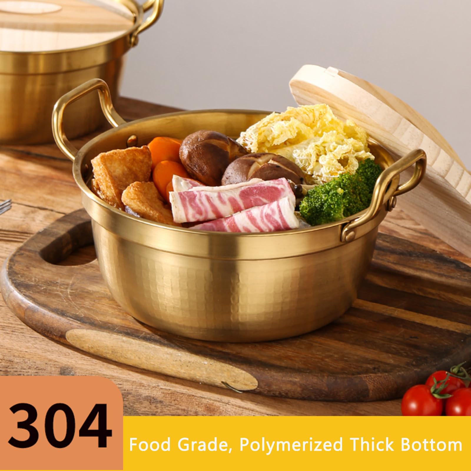 Koreanischer Ramen-Kochtopf/Edelstahl-Ramyun-Kochtopf mit Doppelgriff und Holzdeckel, 1 l, 1,5 l, 2,2 l, Suppentopf, Suppentopf, kleiner heißer Topf, ideal für Suppe, Curry, Nudeln und Eintopf, 23 cm