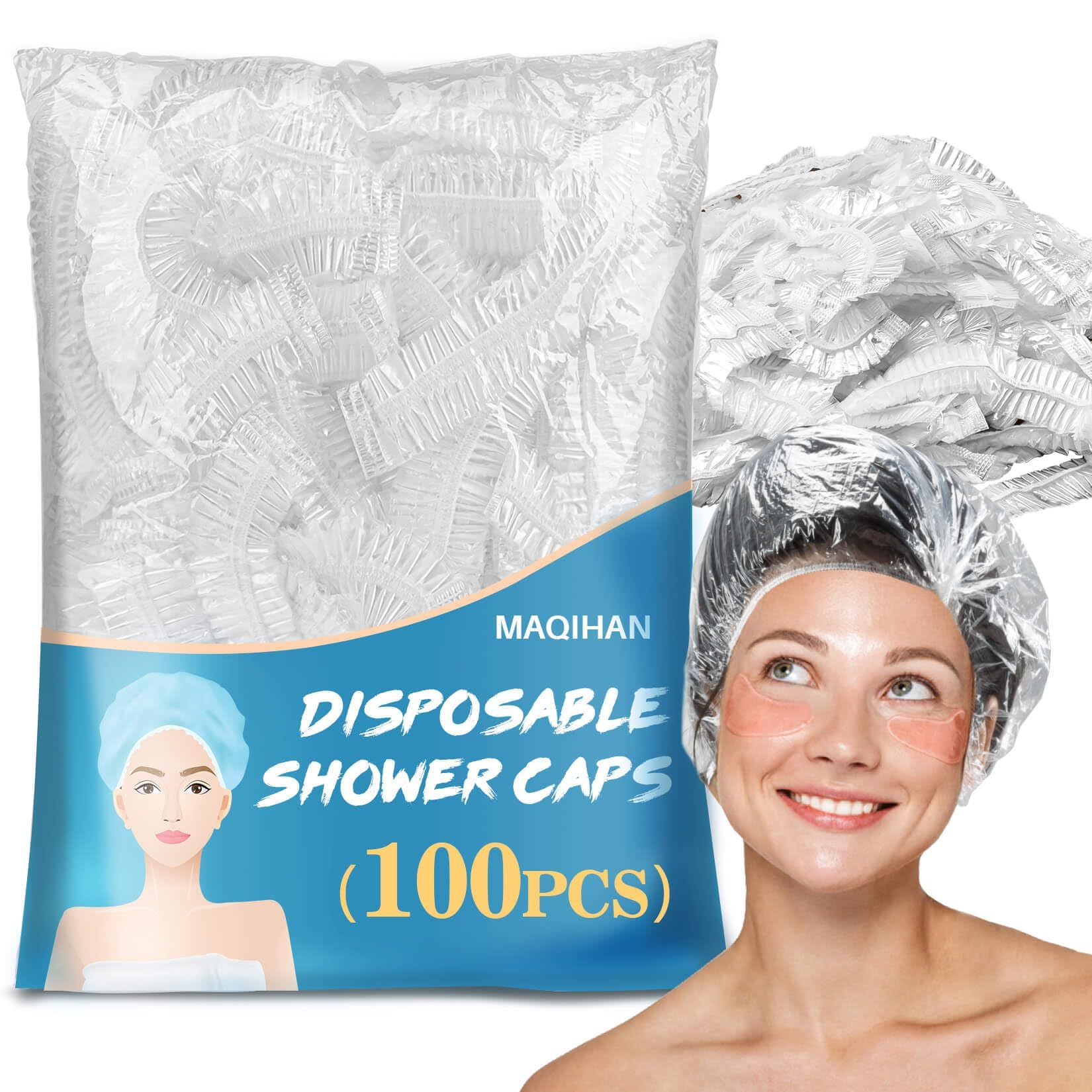 MAQIHAN 100 Disposable Shower Caps Unisex - Plastic Hair Caps for Deep Conditioning Extra Large Shower Cap Reusable Waterproof for Hair Treatment Bath Cap for Long Hair Travel Essentials (20")
