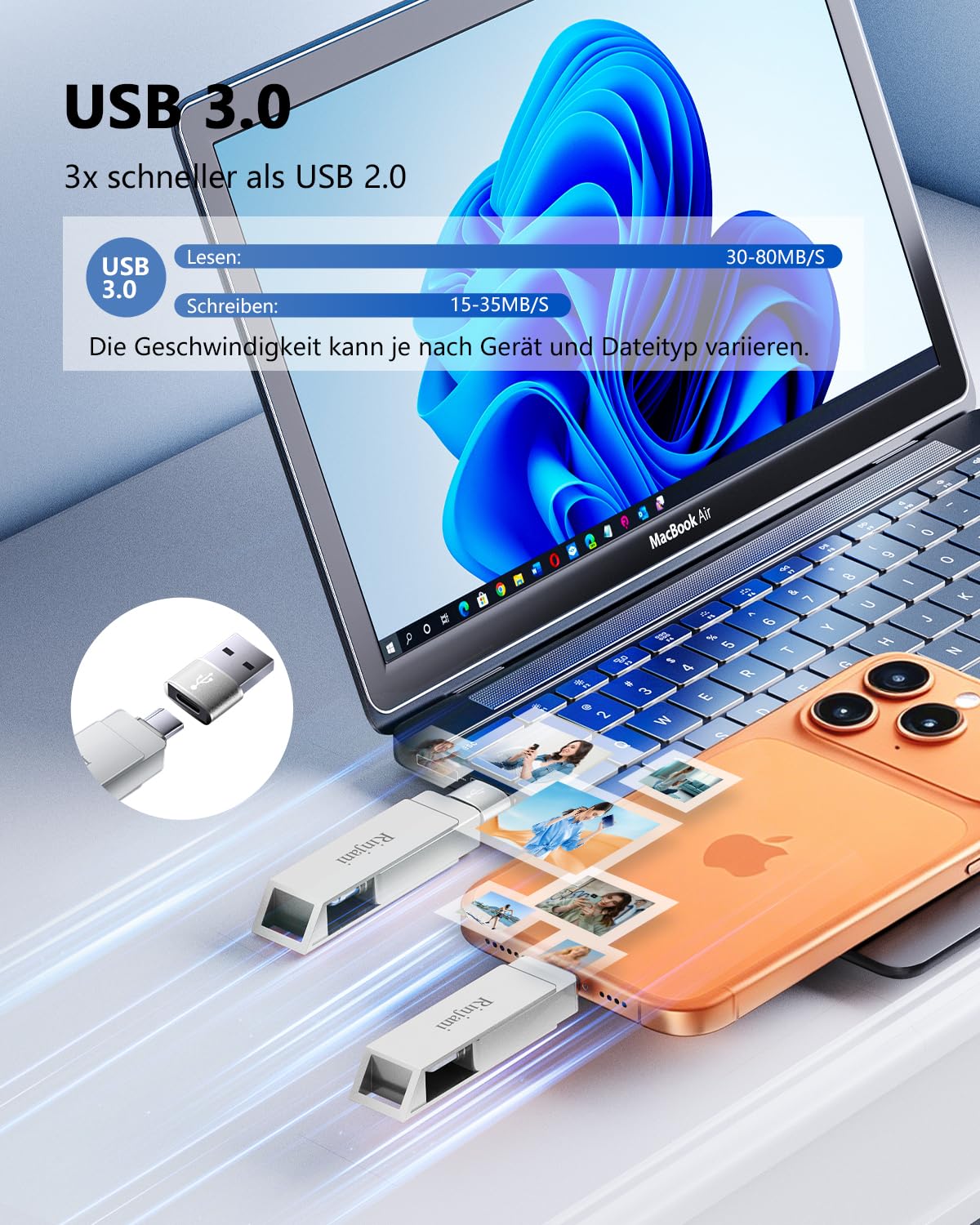 [Ohne App]USB Stick 256GB für iPhone,USB C Stick,Lightning,MFi-Zertifiziert | 3-in-1 Speicherstick für iPhone,iPad,OTG Android Handy,Mac,PC,USB 3.0 Flash Drive Externer Speicher für Fotos,Videos,Dateien