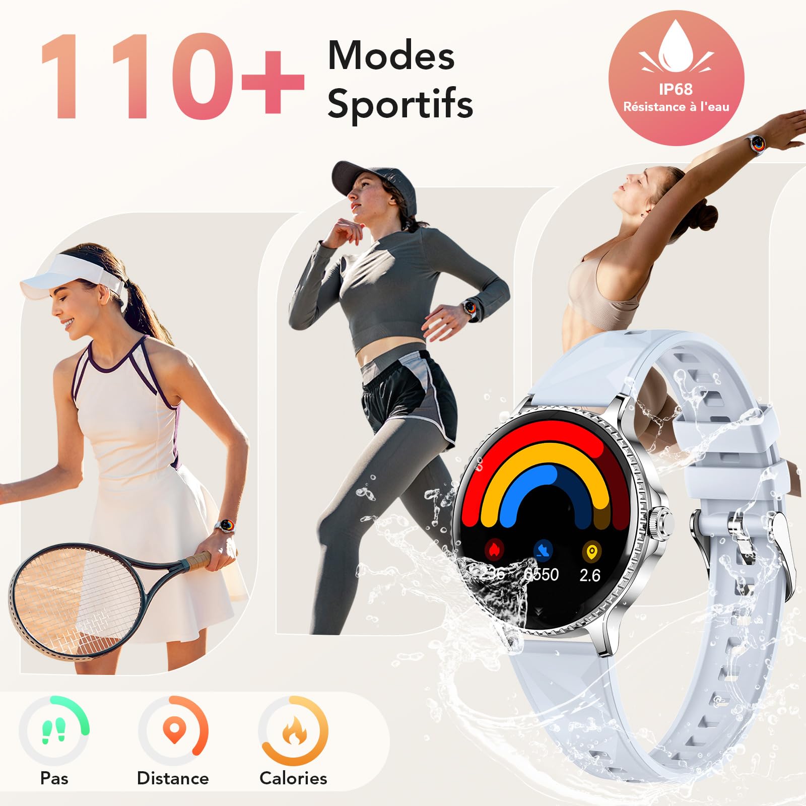 CIVO Montre Connectée Femme Sport: Argent Smartwatch Ronde Repondre Appel - Montres Bracelet Podomètre Etanche Fitness Tracker pour Android iOS Bleu