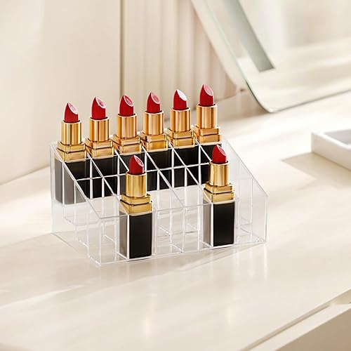 Miniatura 6 de HBlife Soporte para lápiz labial, 24 espacios de acrílico transparente, organizador de lápiz labial para cosméticos, maquillaje, cepillos, botellas