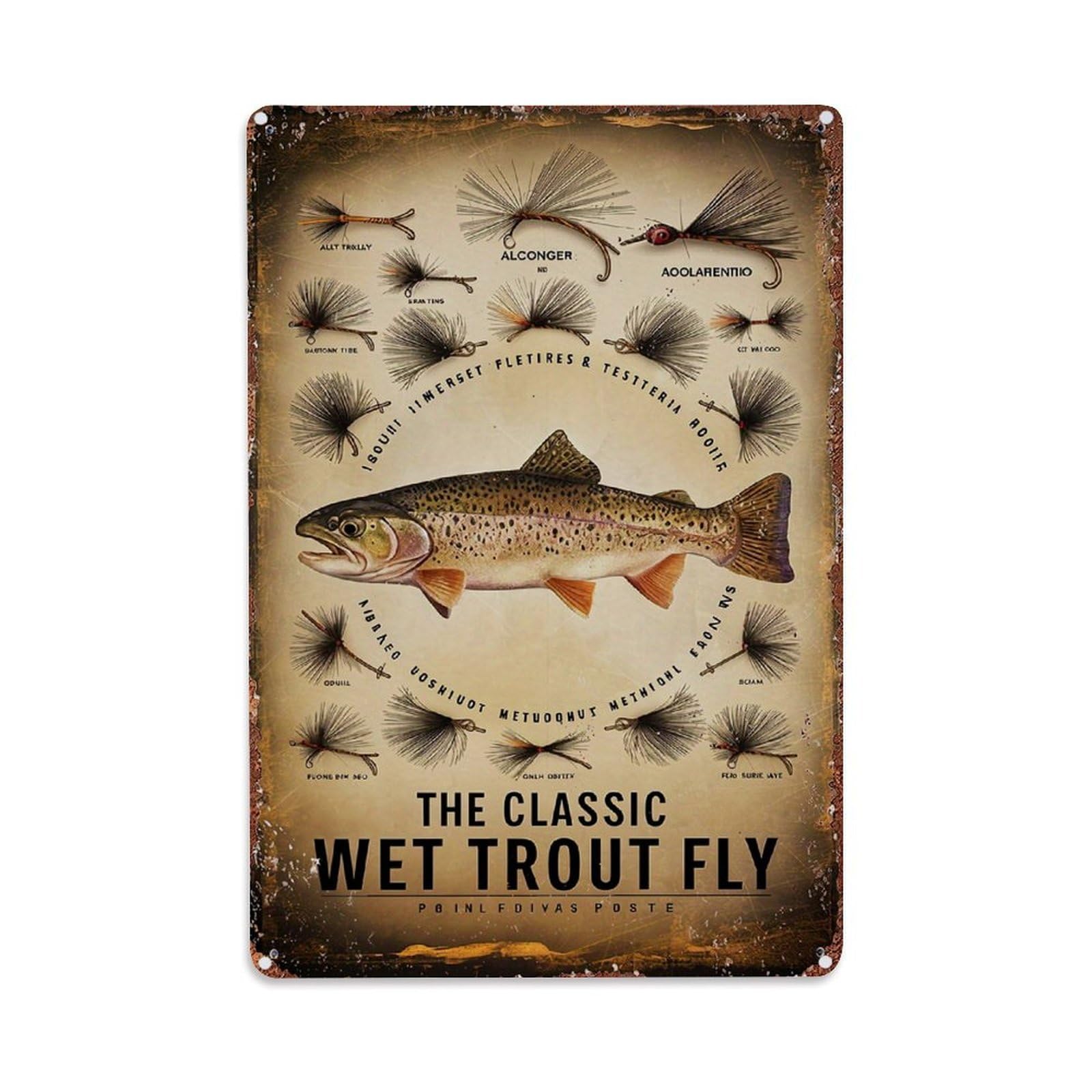 Jdfenggu Vintage Classic Wet Trout Fly Pattern Retro Metal Tin Sign, Metal Poster For Bar, Home, Man Cave, Kitchen, Laundry Room Art Decor 8X12 Inch