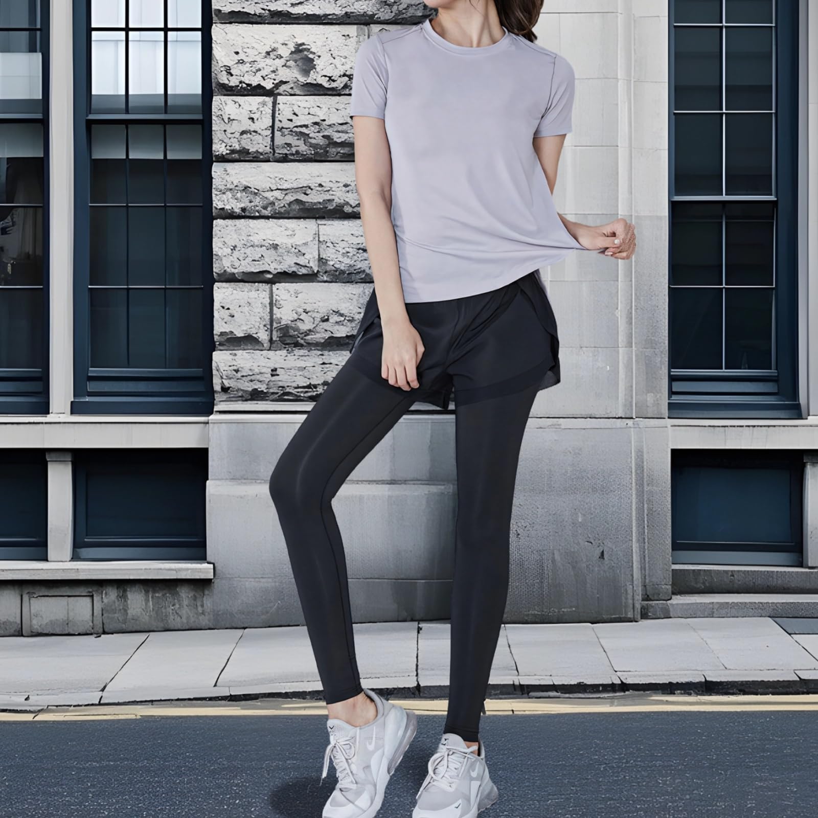 Conjunto de pilates de dos piezas negro para mujer, manga corta, casual y activo, XXL, tela transpirable, Lila y negro, talla única
