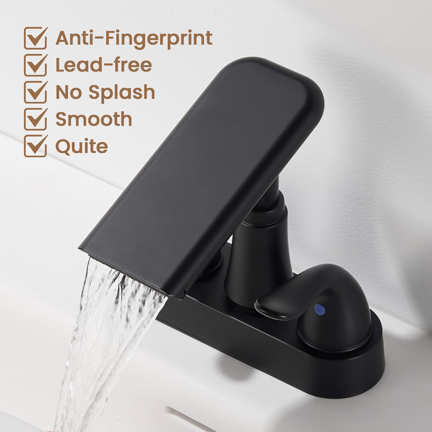 Matte Black Bathroom Faucet 4 Inch Centerset, Waterfall Plastic Bathroom Sink Faucet with Pop Up Drain & Overflow, Dual Handle 360° Swivel Spout, Fits 2 or 3 Hole Lavatory Sink, Modern Design