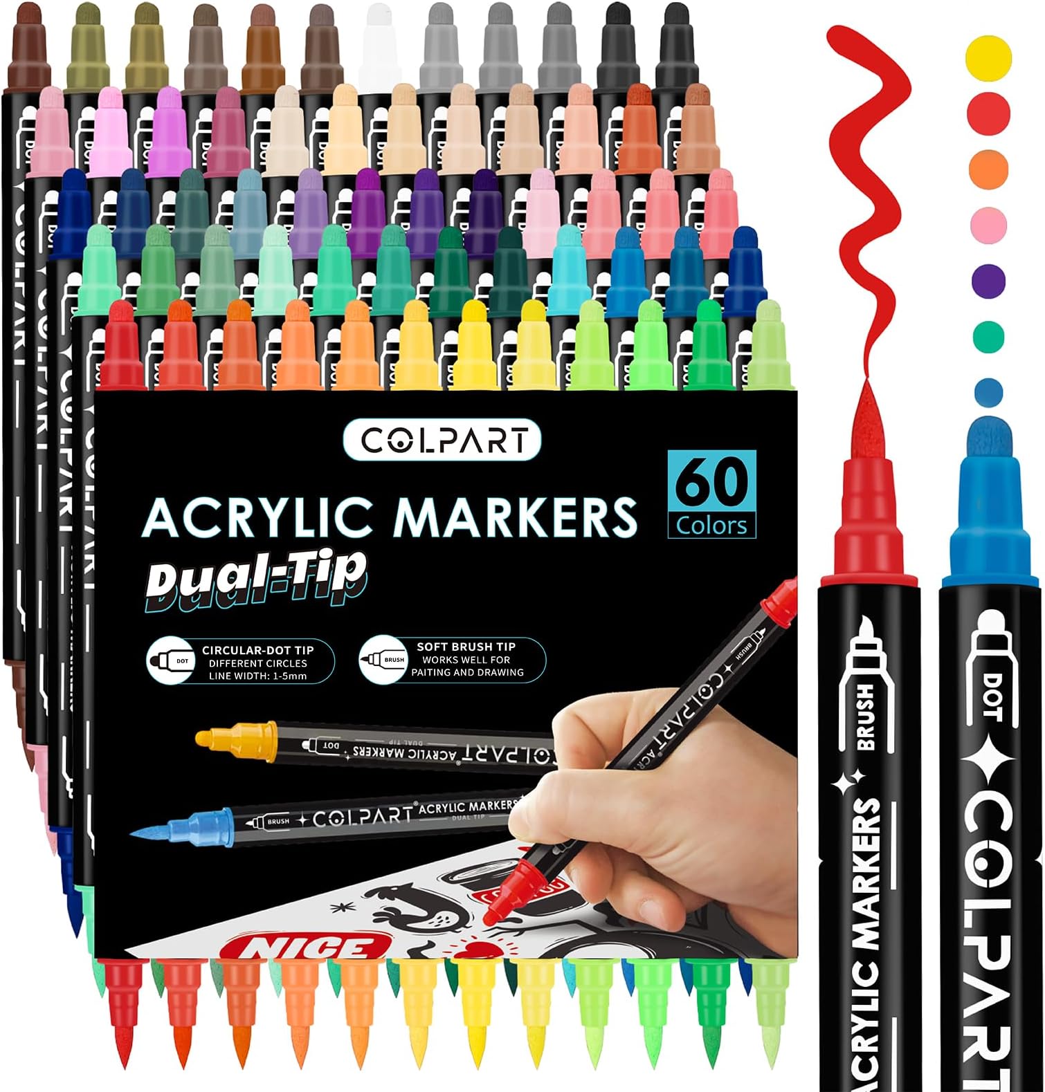 colpart 60 Colors Dual Tip Acrylic Paint Pens Markers