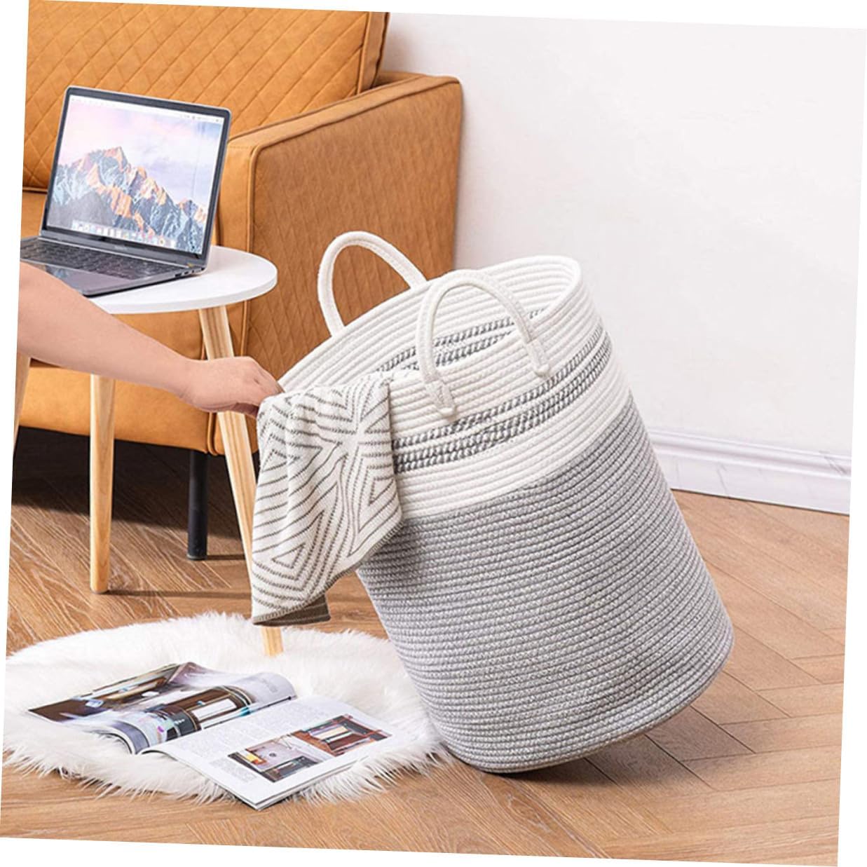 Woven Cotton Rope Laundry Basket White Gray 38x50cm Foldable Storage Hamper for Dirty Clothes Nursery and Home Organization