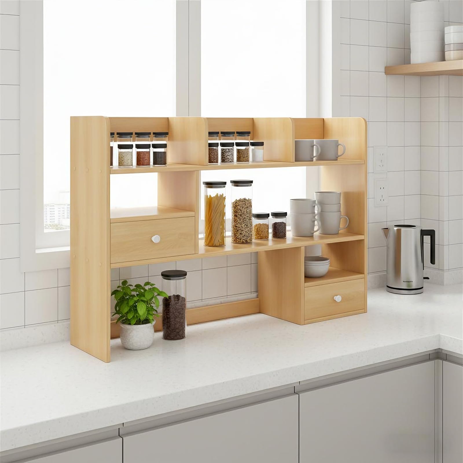 Estanteria Escritorio Pequeña Libreria Madera, Estanterias de Madera para Libros y Oficina, Estante Sobremesa con Cajones y Hueco Alto 30cm, Organizador Robusto 60/80x17x80cm(Color:60x17x80CM)