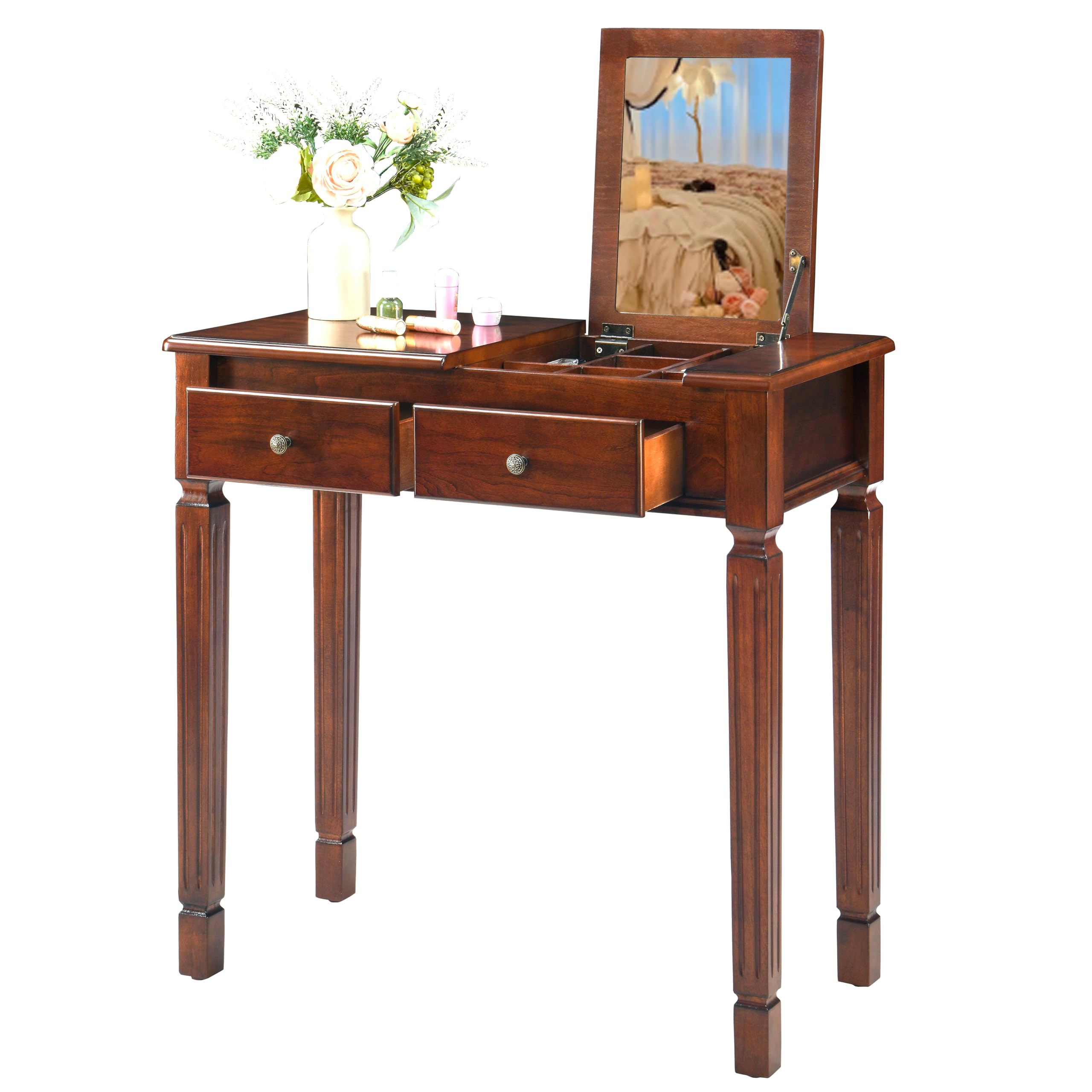 Kleiner Schminktisch mit klappbarem Spiegel und versteckten Stauraumfächern, Holz-Computer-/Schreibtisch mit 2 Schubladen, einfach zu montierender Frisiertisch Schlafzimmer, Dunkelkirschrot SZT-D0036