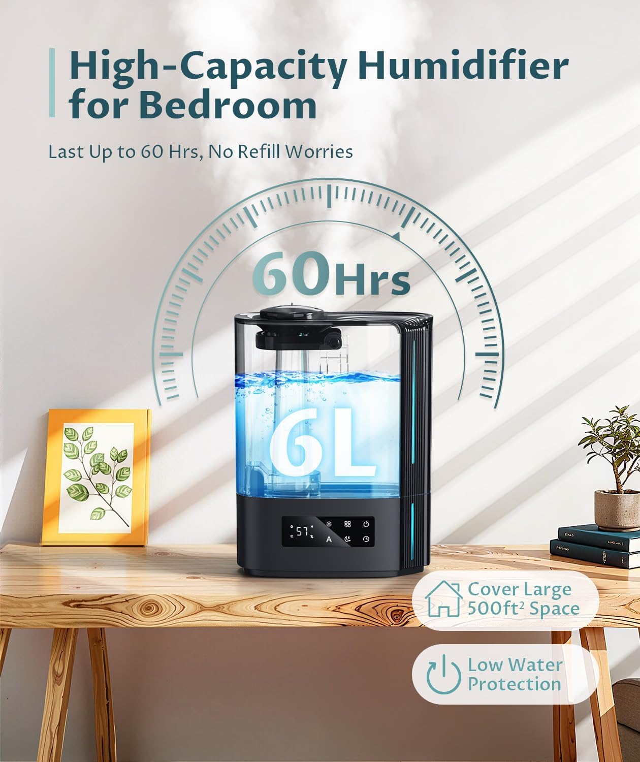 BREEZOME 6L Humidifiers for Bedroom Large Room & Essential Oil Diffuser, Ultrasonic Top Fill Cool Mist Humidifiers for Baby, Plants, Nursery Last up to 60 Hours, Smart Humidistat C...