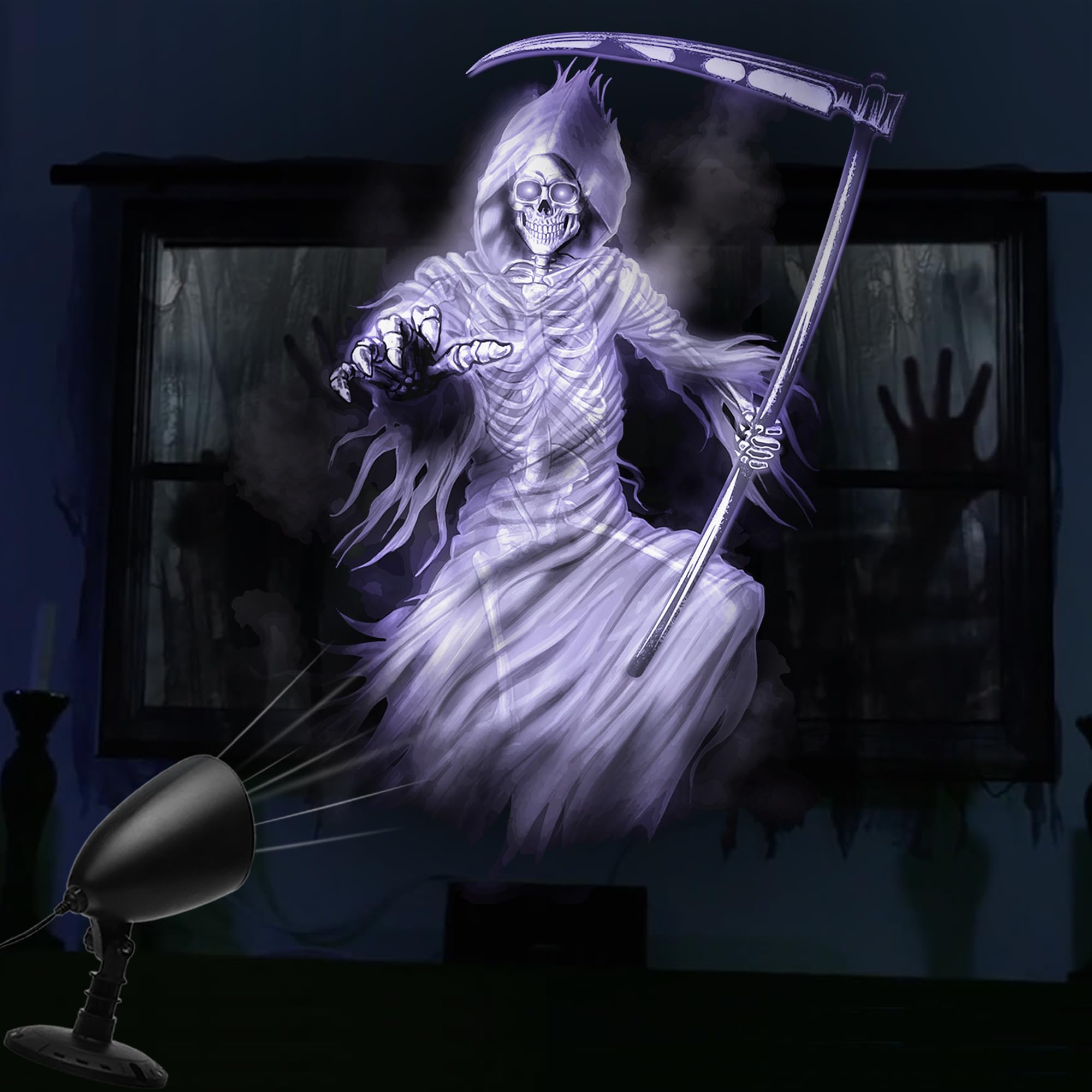 iShabao Projektor 3D Halloween z timerem, LED lampa wodoszczelna, biały ponury żniwiarz, na ścianę, okno, ogrod, podwórze, imprezę
